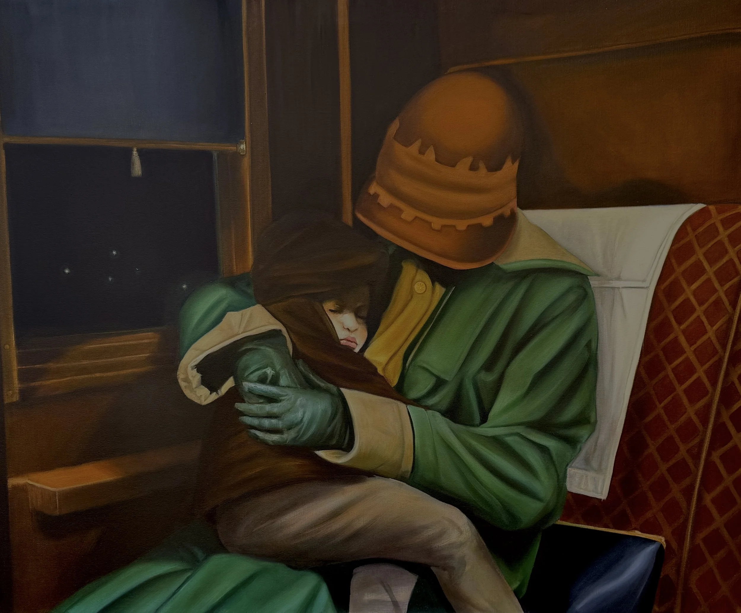 An oil on canvas painting by realist painter Andrés Conde titled Safe Haven, depicting a woman in retro clothing holding a sleeping child on a train, available at Conde Contemporary.