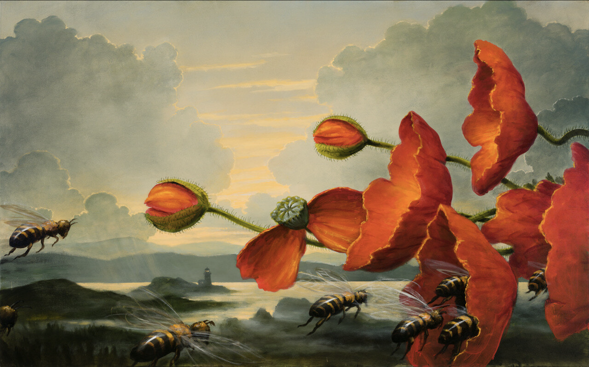 An acrylic painting titled Siren Song by American landscape artist Kevin Sloan, depicting bees flying toward red poppies with a sunrise and lighthouse in the background, available at Conde Contemporary.