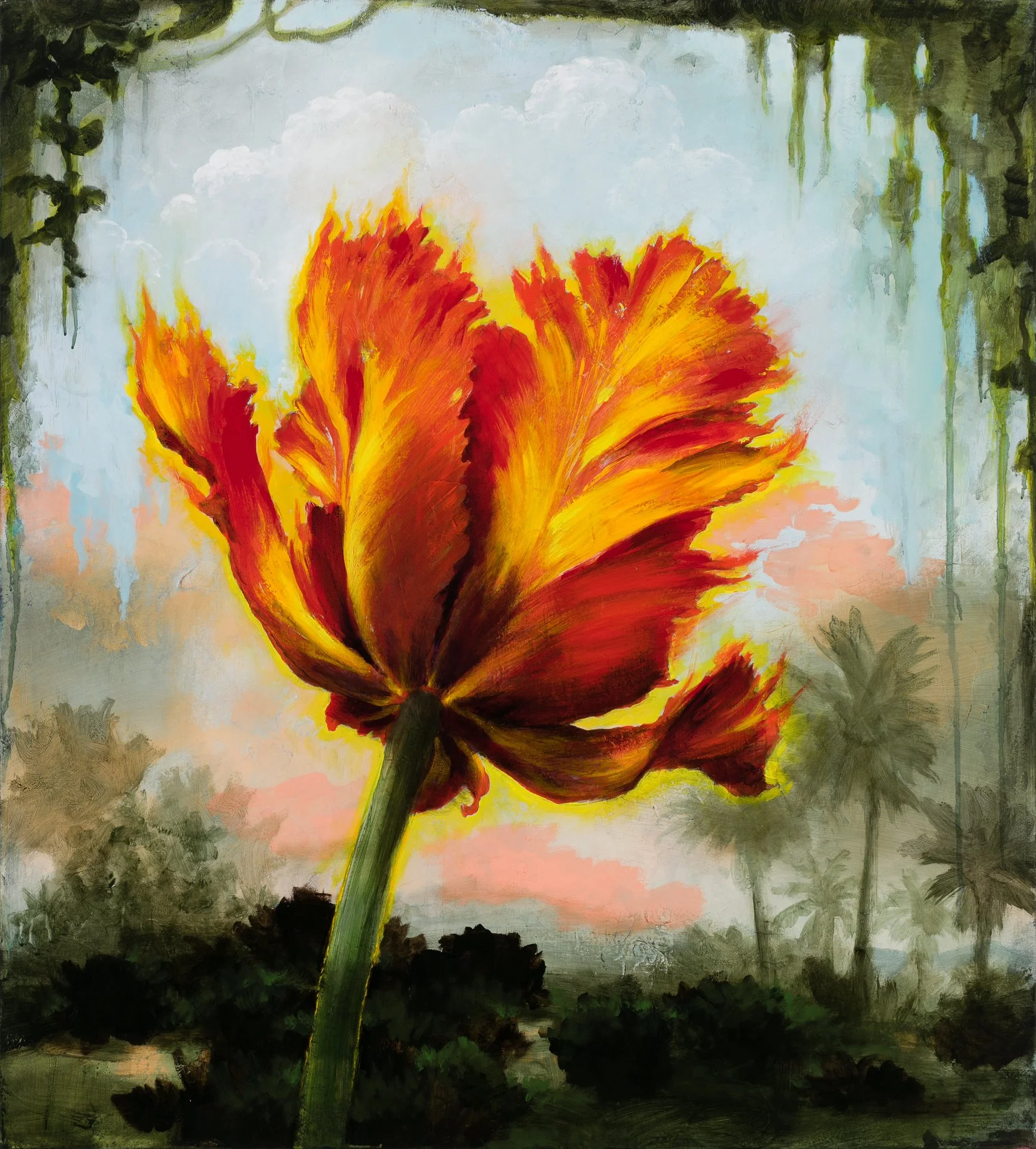 A painting titled Portrait of A Tulip Attempting to Become a Flame, featuring a landscape with a large fiery tulip centered on the canvas, by American surrealist Kevin Sloan, for Conde Contemporary.