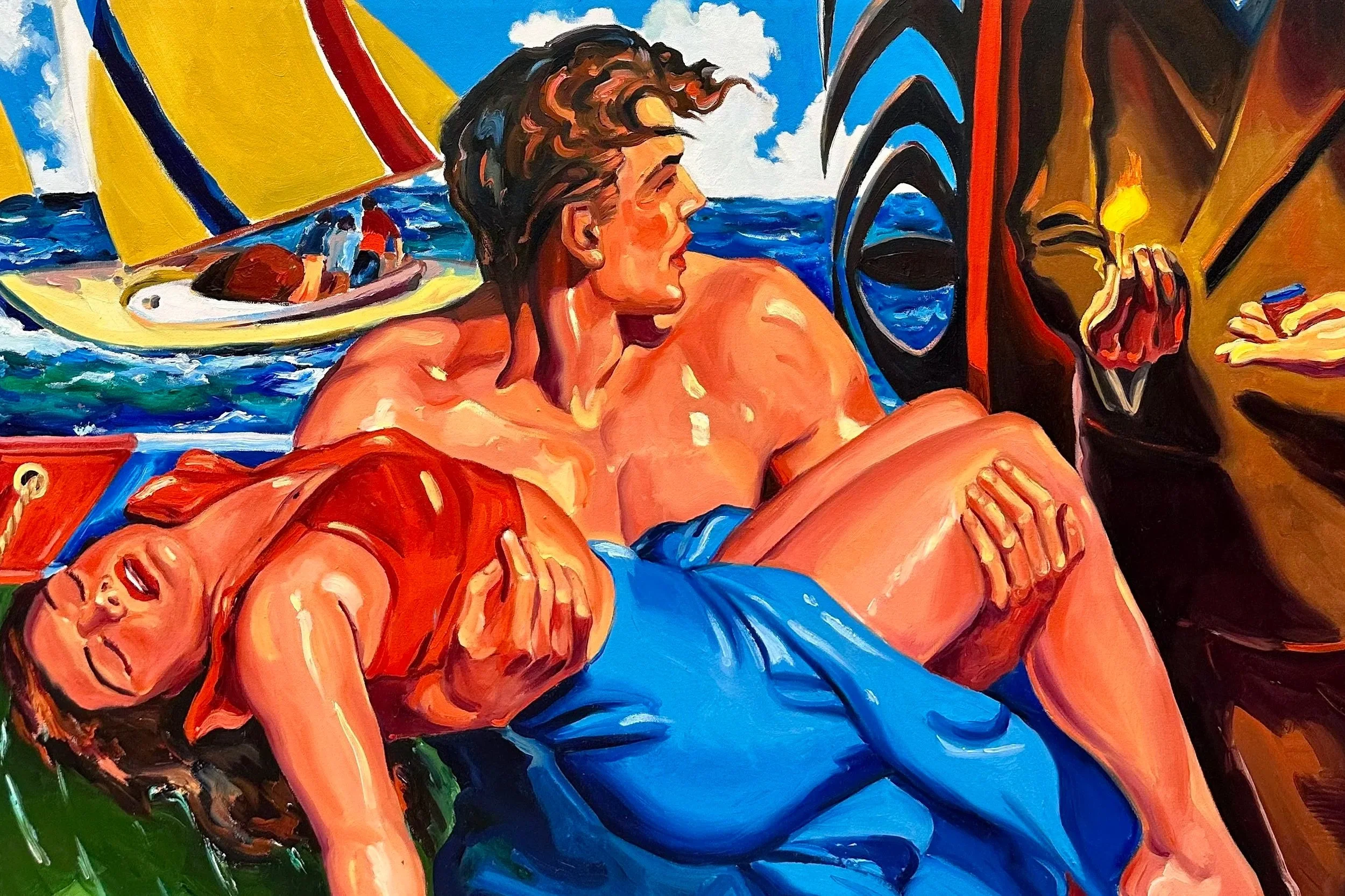 A detail shot of a painting titled The Savior of The Spring by contemporary Cuban pop art painter Ciro Quintana featuring a man carrying an unconscious woman, for Conde Contemporary.
