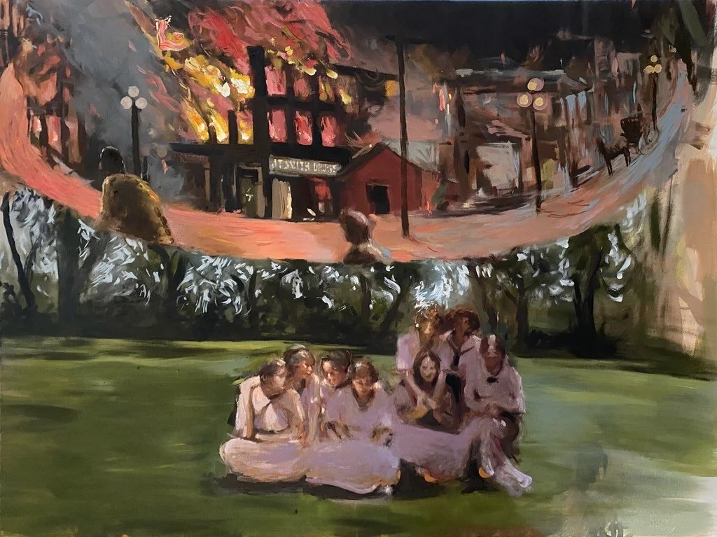 A surreal abstract expressionist painting titled the Burning of Jt Smith Drugstore by contemporary American artist Noah Saterstrom, for Conde Contemporary.