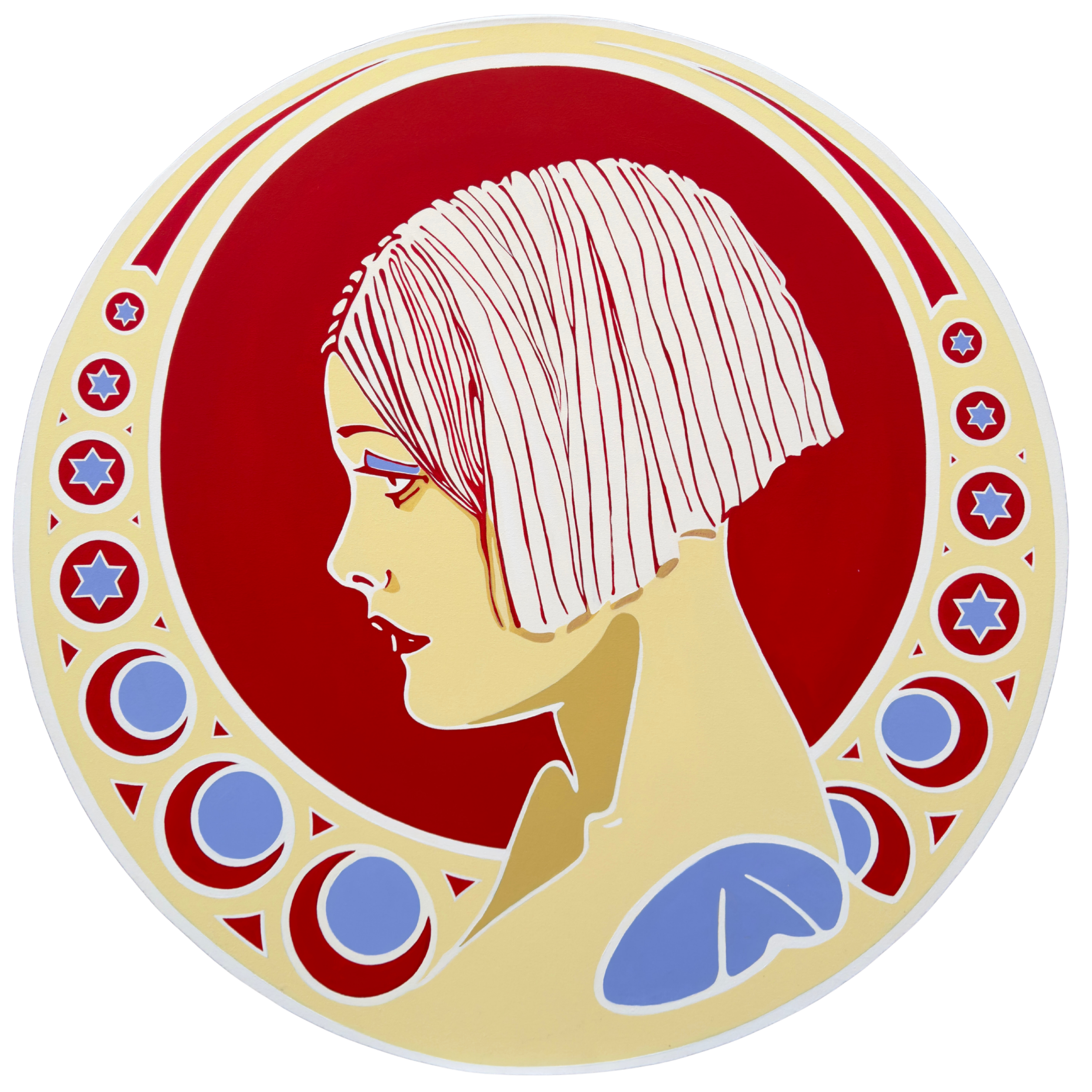 A photo of a circular painting in oil on canvas of an art nouveau woman painted in a graphic style by contemporary Cuban American artist Andrés Conde, titled Mujer Gráfica 2..