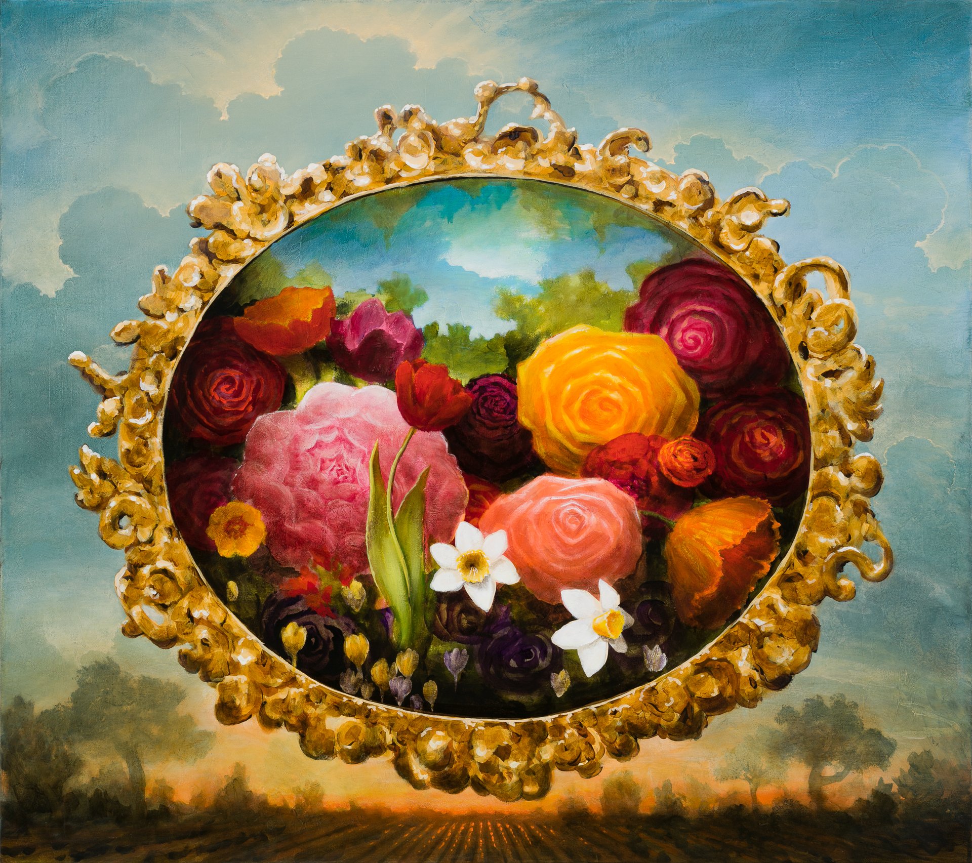 A painting of the landscape at dawn on a farm, with a large gold framed painting of another landscape with flowers hovering in the sky, titled The Sun, by American artist Kevin Sloan, for Conde Contemporary.