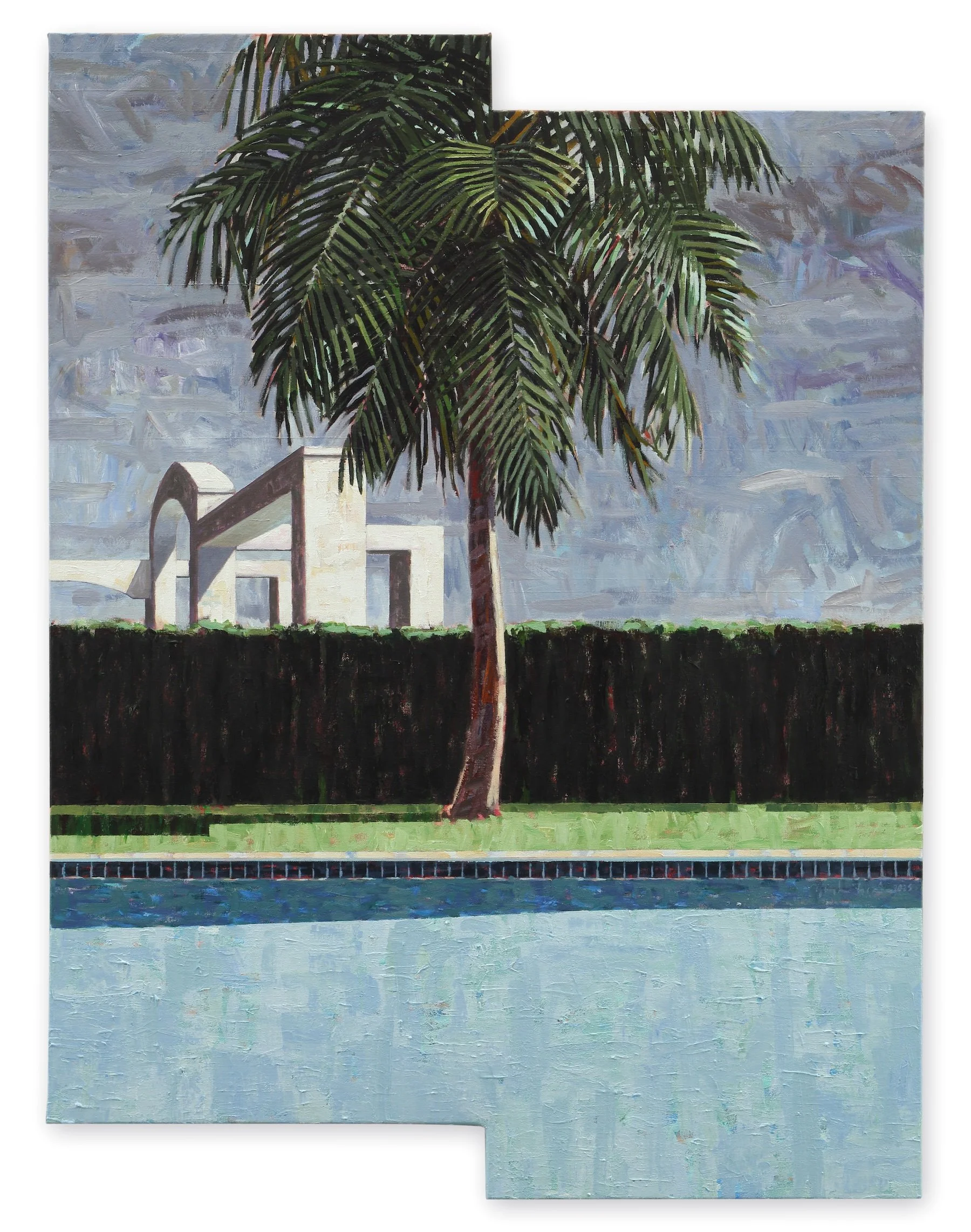 A painting titled Monday Morning Accident by contemporary urban landscape painter Gustavo Acosta featuring a pool and a large palm tree in front of a white architectural structure.