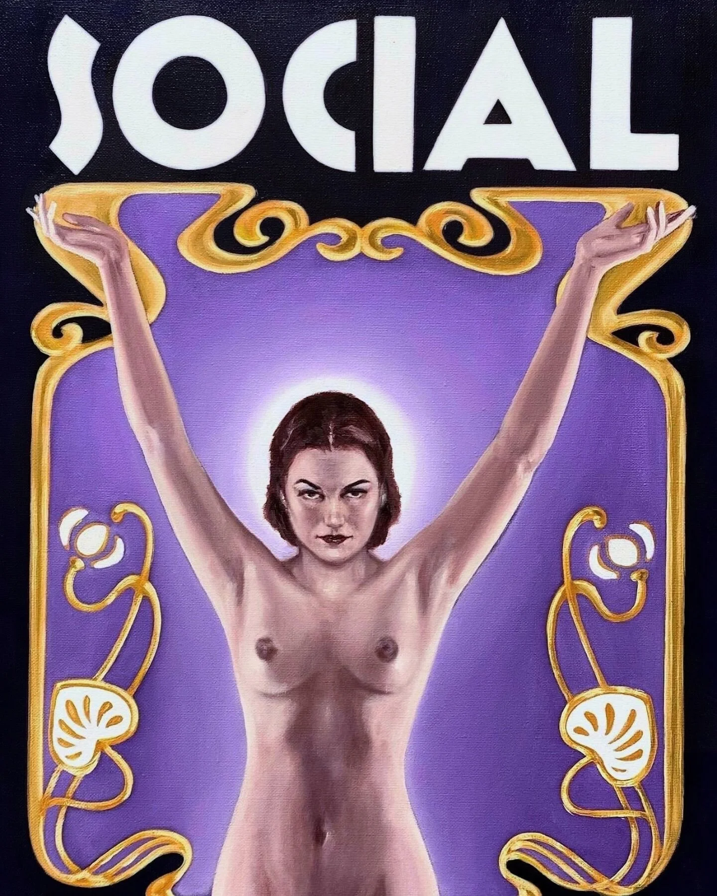 An image of an oil painting of a topless woman with a glowing halo holding her arms up in the air as if manifesting, she's painted in an art nouveau style, the piece is titled Nouveau SOCIAL by contemporary Cuban American artist, Andrés Conde.