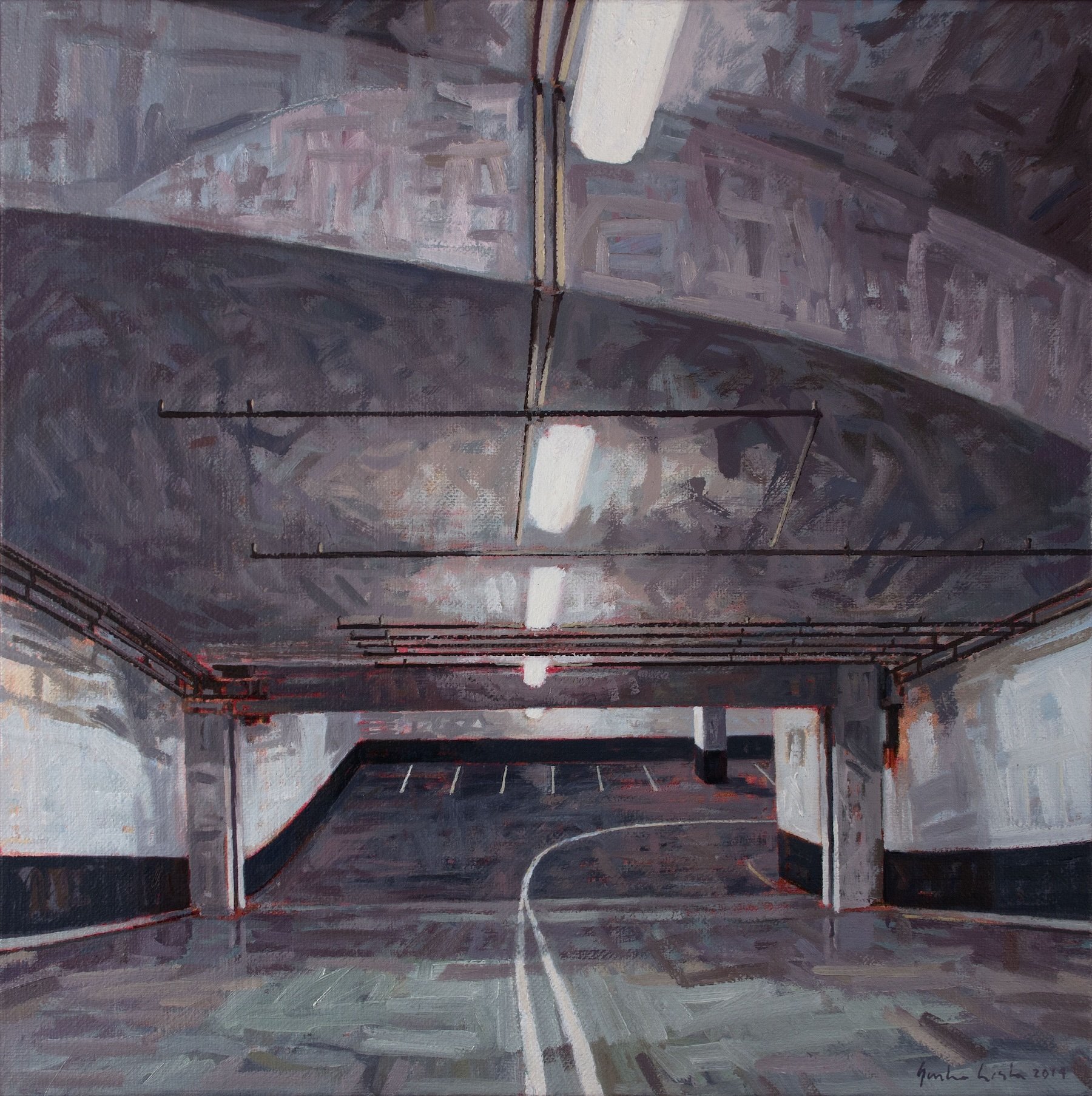 A painting titled Euforia or Euphoria in English, by contemporary artist Gustavo Acosta, featuring a lit parking garage rendered in bold strokes, at Conde Contemporary.