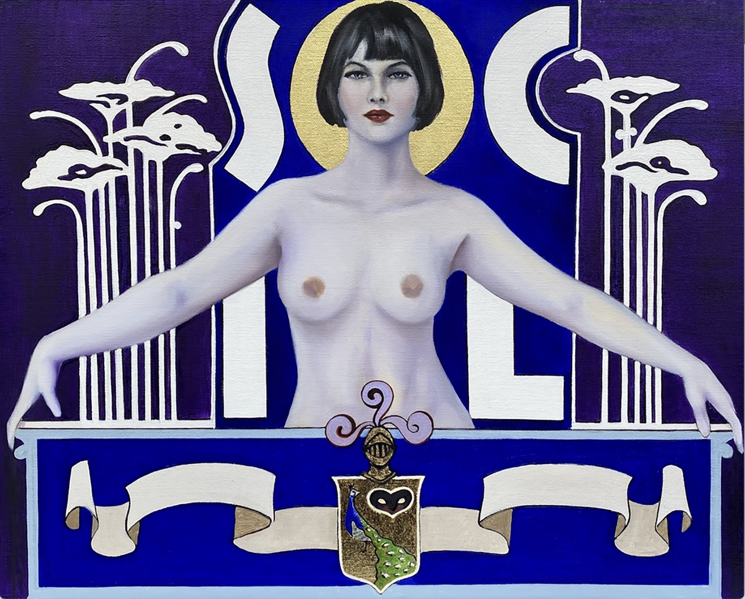 A photo of a painting of a topless woman with commercial art and graphic elements in white and purple, titled Nouveu SOCIAL from the SOCIAL series by Cuban American artist Andrés Conde.