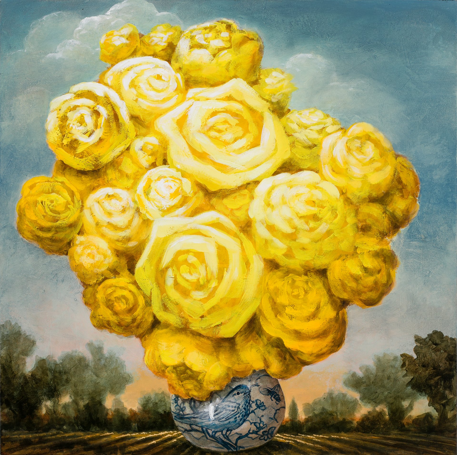 A painting of a massive bouquet of yellow roses in a ceramic vase, situated on rows of tilled soil, against trees and the sky by American surreal landscape artist Kevin Sloan for Conde Contemporary.