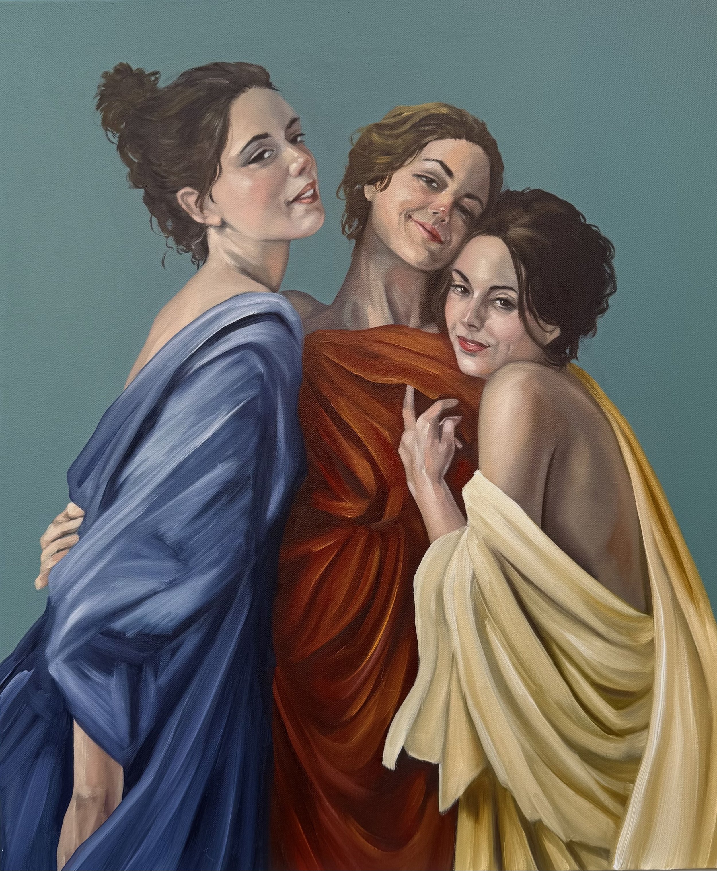 An oil on canvas painting by Cuban born artist Andrés Conde titled Graces III from his Trinity Series featuring three beautifully depicted women in robes, available at Conde Contemporary.