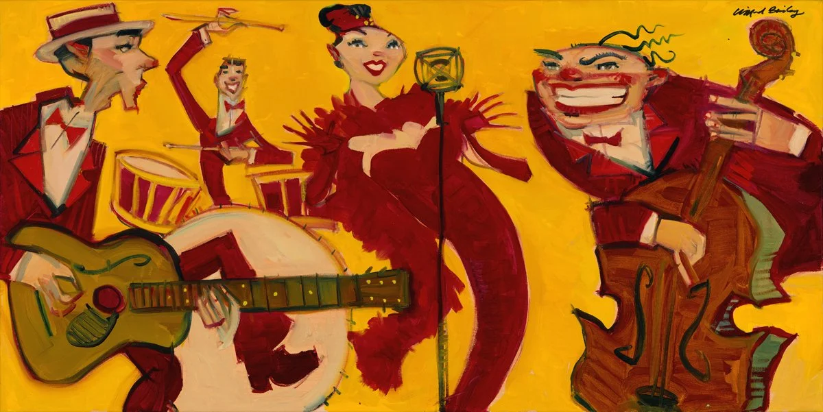 A painting of jazz musicians in red and yellow by American painter Clifford Bailey, featuring a woman singer in red, for Conde Contemporary.