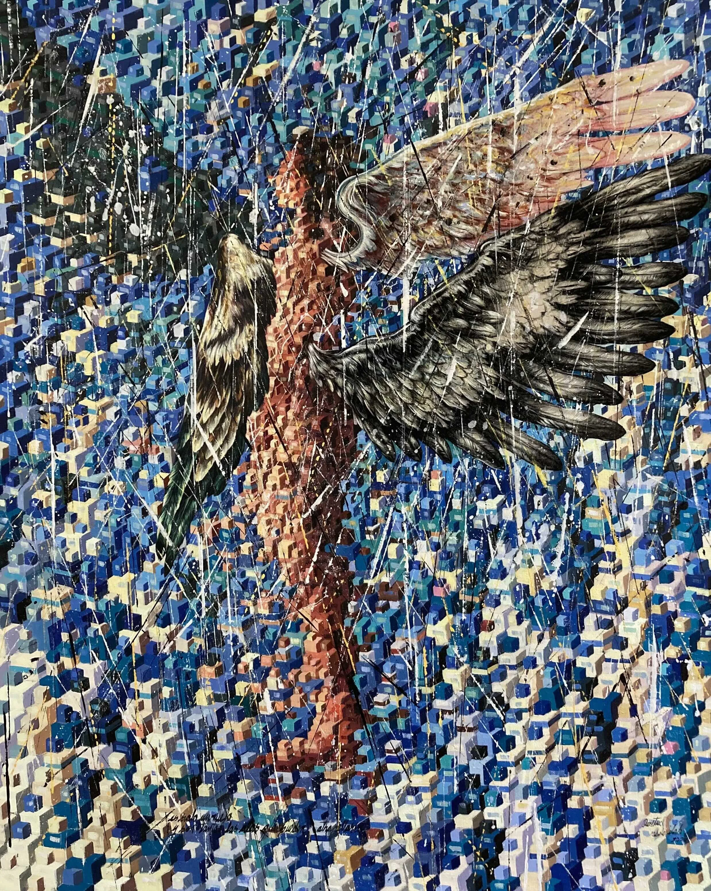 A painting titled Quietud by by contemporary Cuban artist Ernesto Capdevila featuring a partially abstracted version of an angel with poetry written on the painting, for Conde Contemporary.