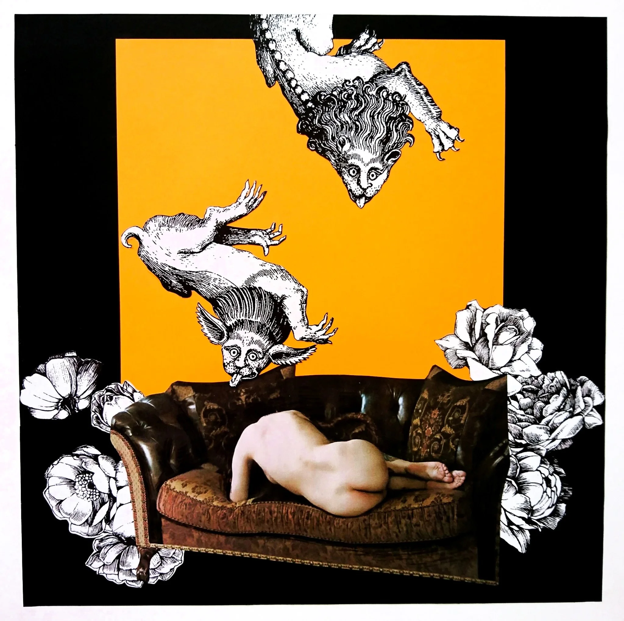 A collage of a nude woman on a sofa with graphic medieval lions and flowers in the background titled Experience of A Human Body, by contemporary Cuban artist Wanda Fraga Sánchez de la Campa for Conde Contemporary.