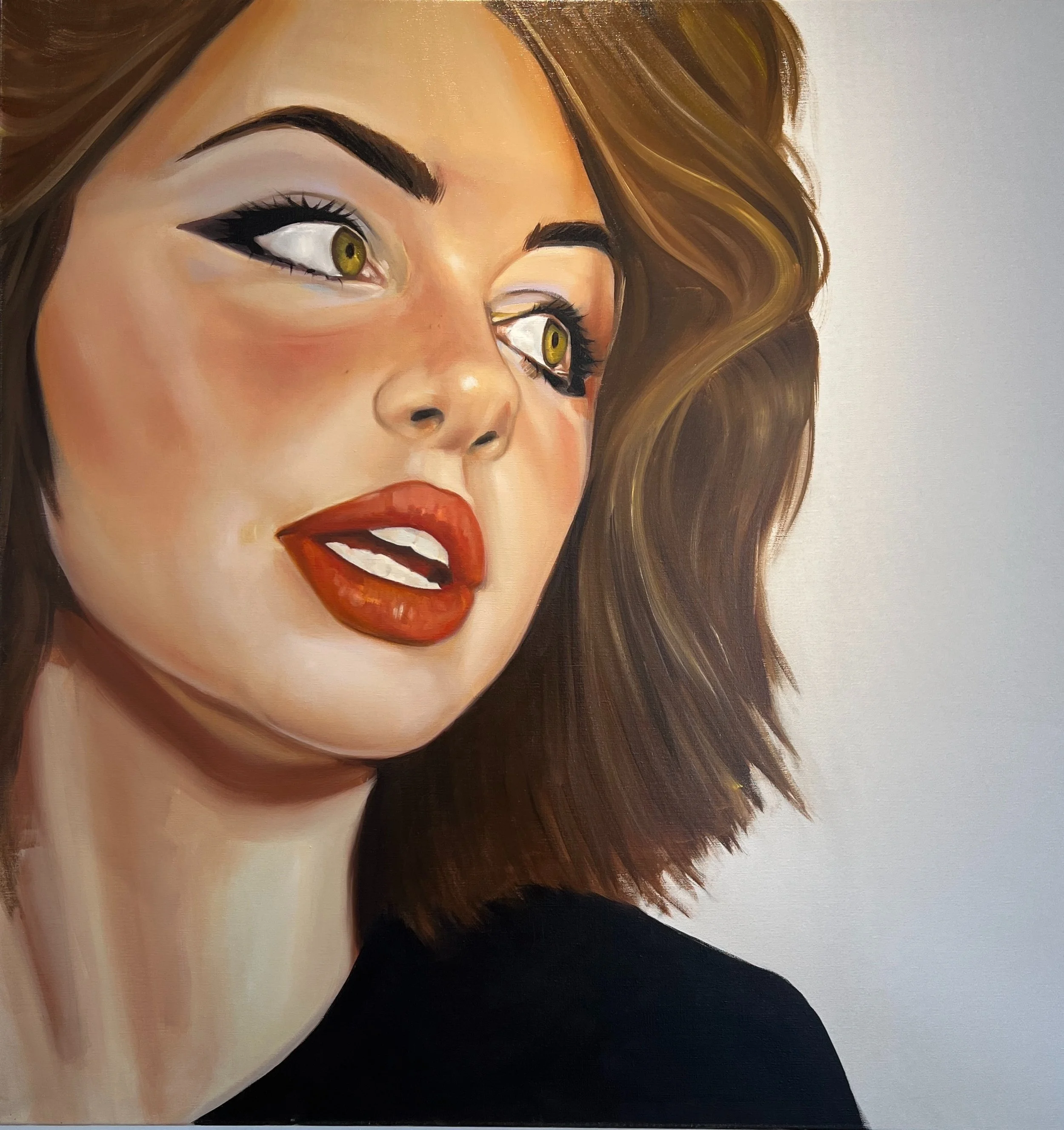 A pop realist image of a woman painted in oil on linen and titled I Heard, by contemporary Cuban American artist Andrés Conde.