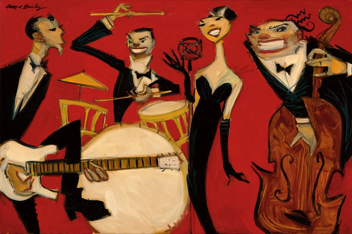 A painting titled Kiss Kiss by American artist Clifford Bailey, in black and red, featuring a group of musicians and female singer, for Conde Contemporary.