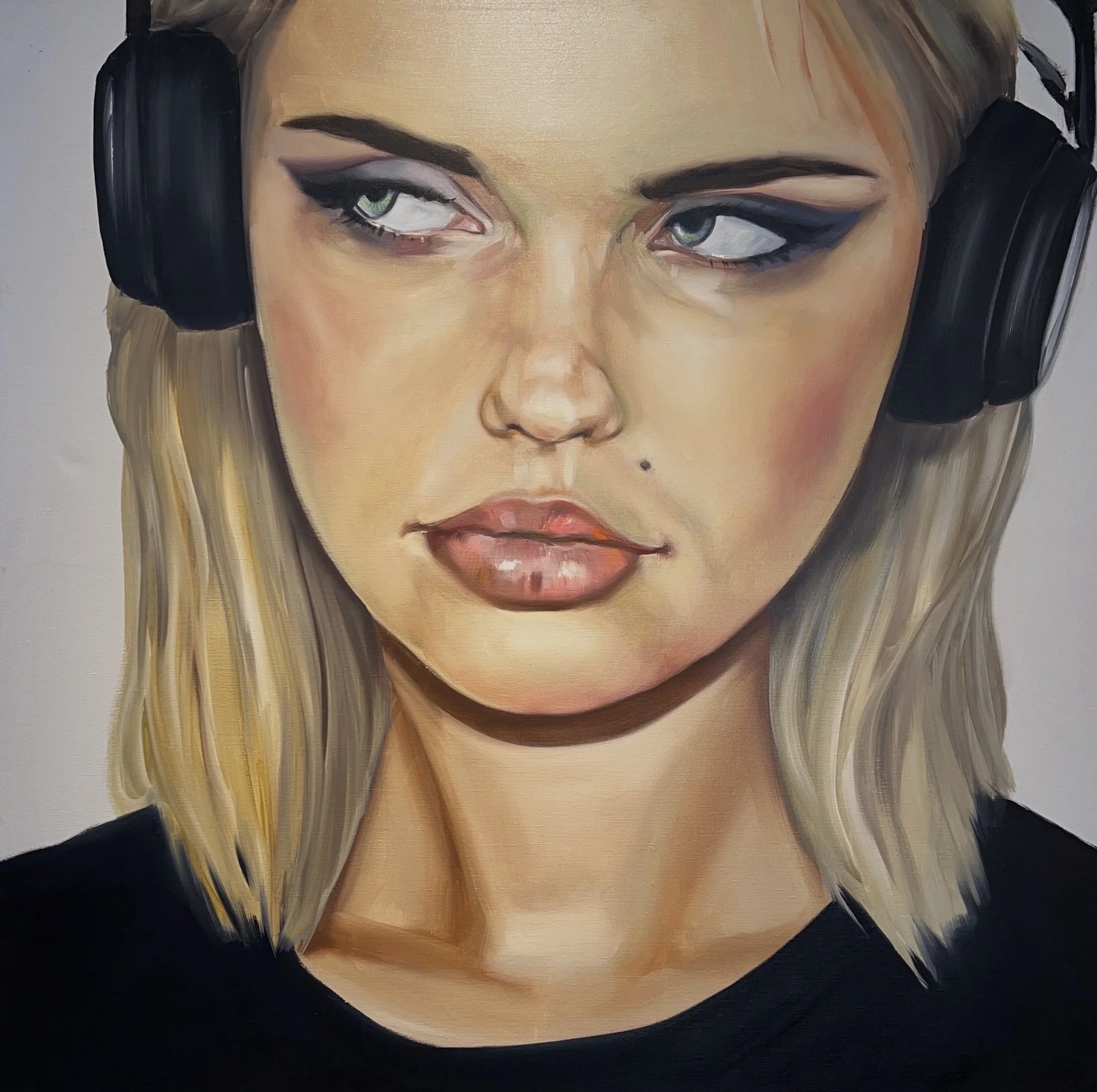 A pop realist image of a woman wearing headphones painted in oil on linen and titled Listen Here, by contemporary Cuban American artist Andrés Conde.