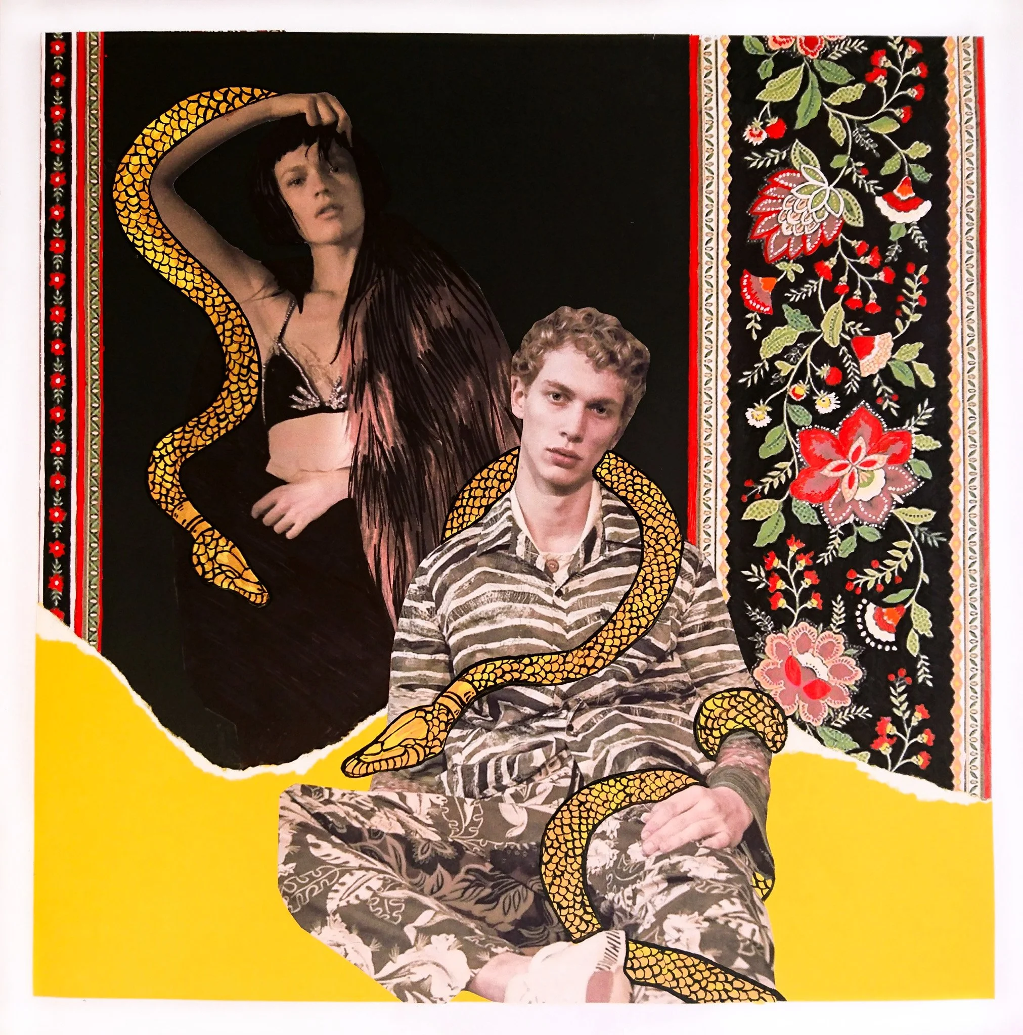 A poignant acrylic paint and collage artwork titled Between Us, featuring a young man and woman with snakes wrapped around them by the female, conceptual Cuban artist Wanda Fraga Sánchez de la Campa, represented by Conde Contemporary.