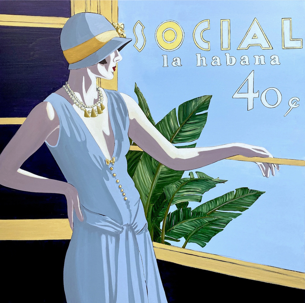 An image of a painting from Cuban artist Andrés Conde's SOCIAL series featuring a woman dressed in 1920's clothing on a balcony she's on the cover of a magazine that says SOCIAL La Habana.