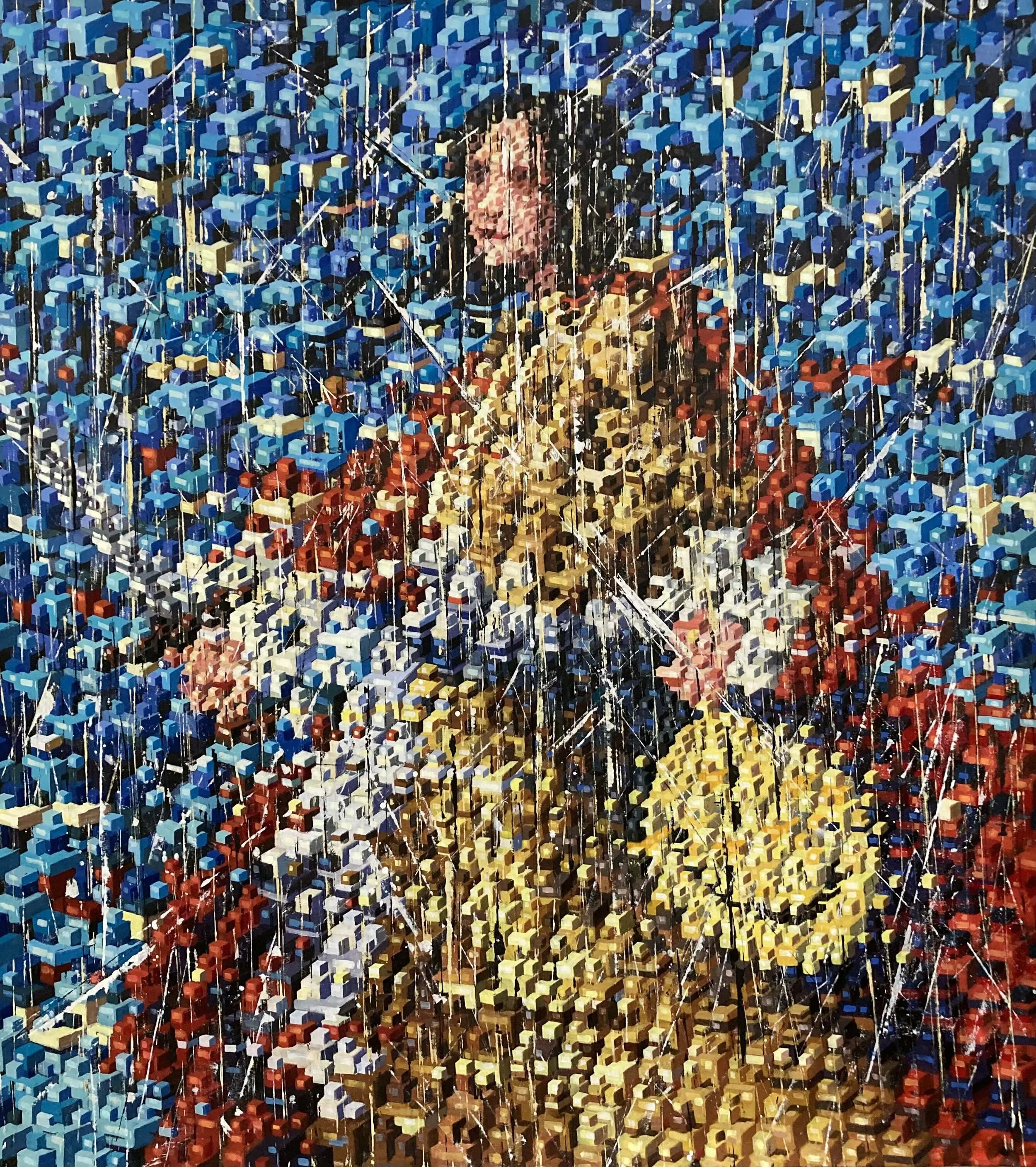 A painting of a woman carrying a happy face in her hand, abstraction, titled Carrying Happiness Through The Real World, by contemporary Cuban artist Ernesto Capdevila.
