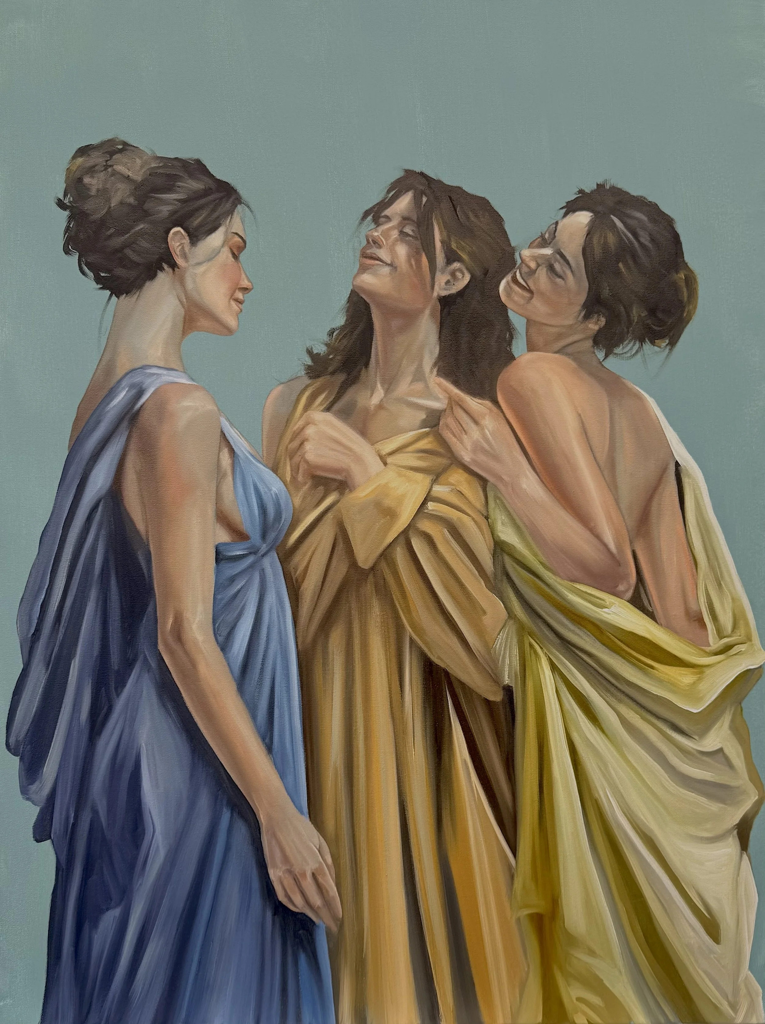 An oil on canvas painting by Cuban born artist Andrés Conde titled Graces I from his Trinity Series featuring three beautifully depicted women in robes, available at Conde Contemporary.
