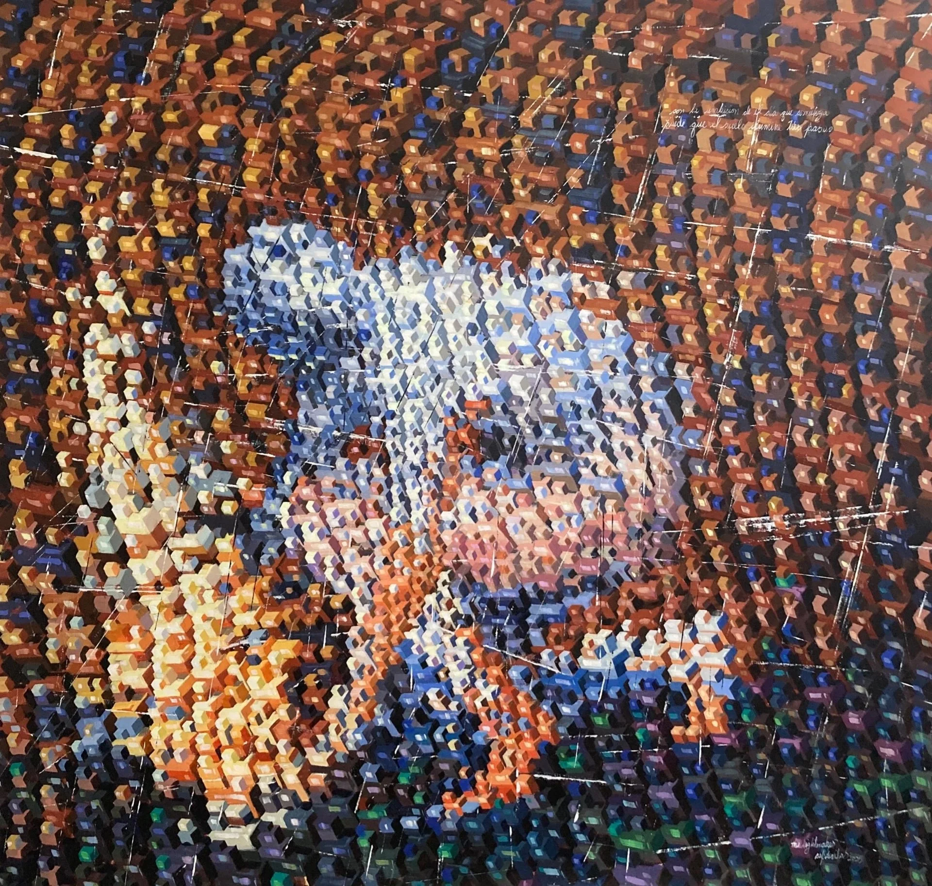 An acrylic painting in a cubed abstraction of a man making a fire in oranges and blues with poetry at the top of the piec, titled Light Maker by contemporary Cuban artist Ernesto Capdevila, for Conde Contemporary..