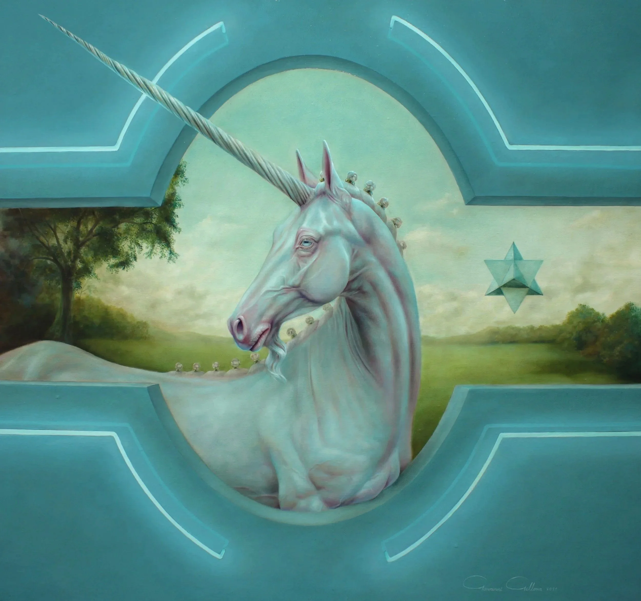 A magical realist painting titled El Unicornio by contemporary Chilean artist Giovanni Gellona depicting a silvery unicorn surrounded by neon, available at Conde Contemporary.