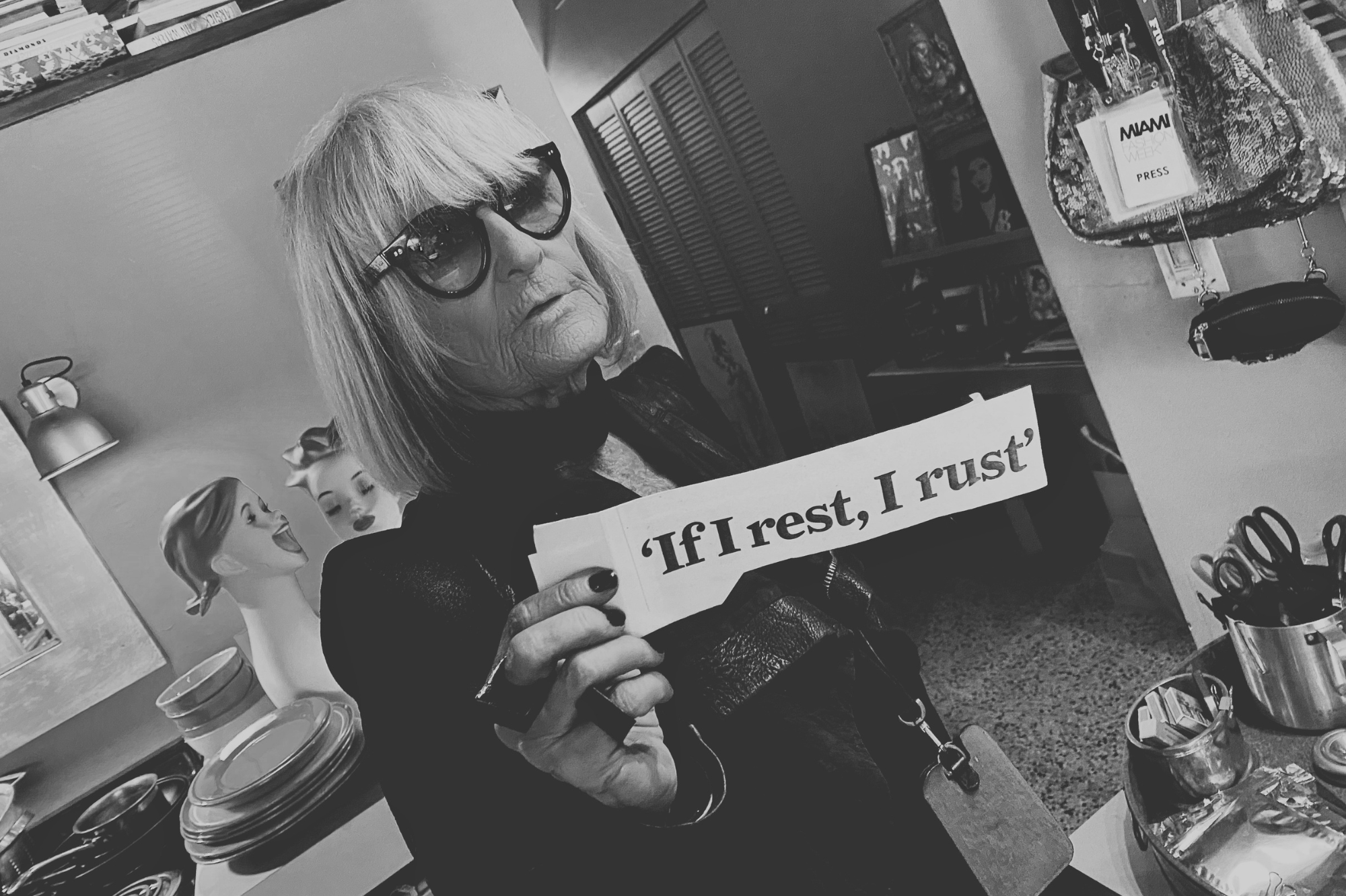 A photograph by Stacy Conde of British fashion and design icon Barbara Hulanicki, OBE, in her home on Miami Beach.
