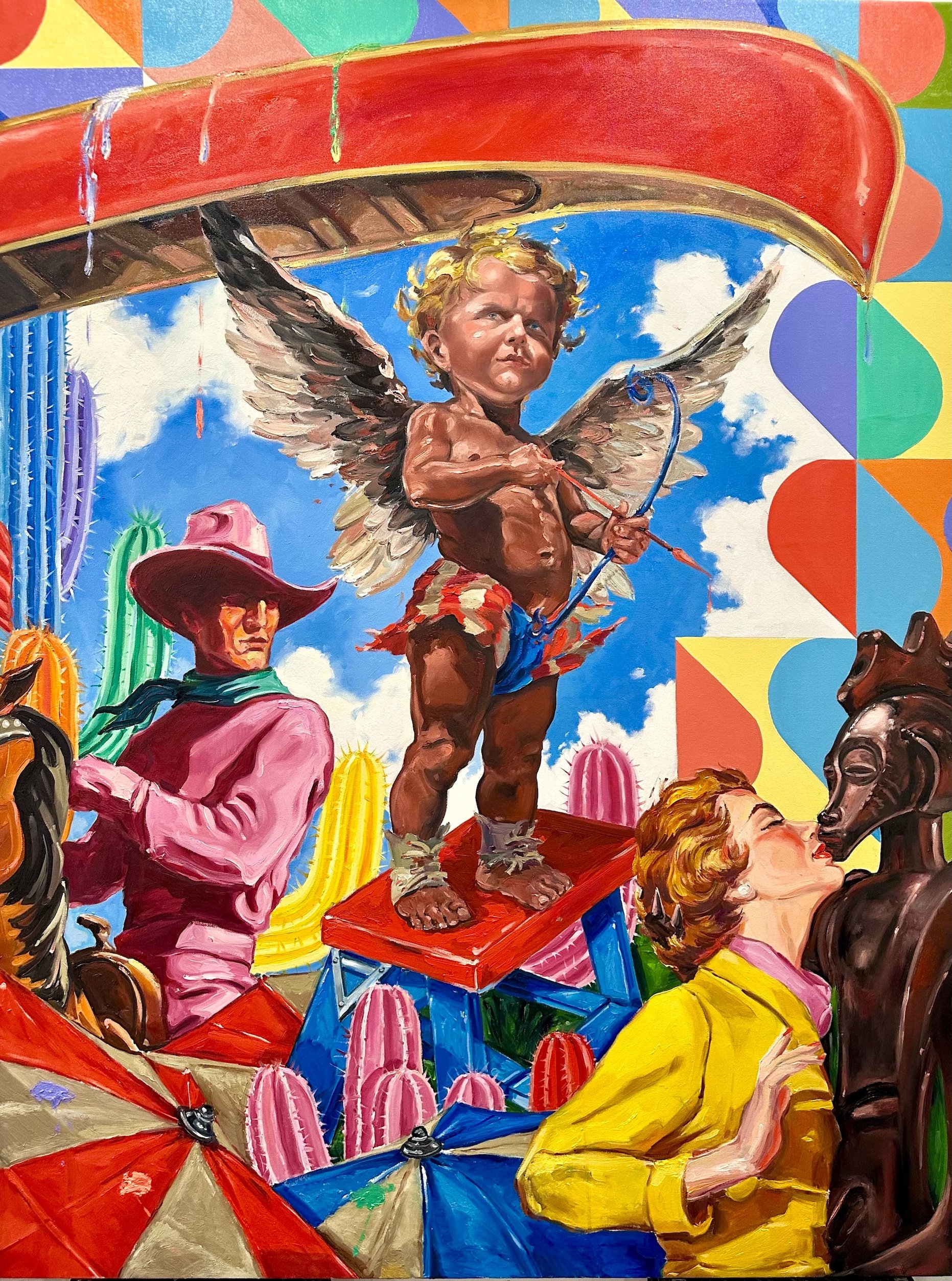 A colorful pop realist painting titled Love is Real, Real is Love, featuring Cupid dressed in an American flag, a cowboy in pink, and an African sculpture, by contemporary Cuban artist Ciro Quintana, for Conde Contemporary.