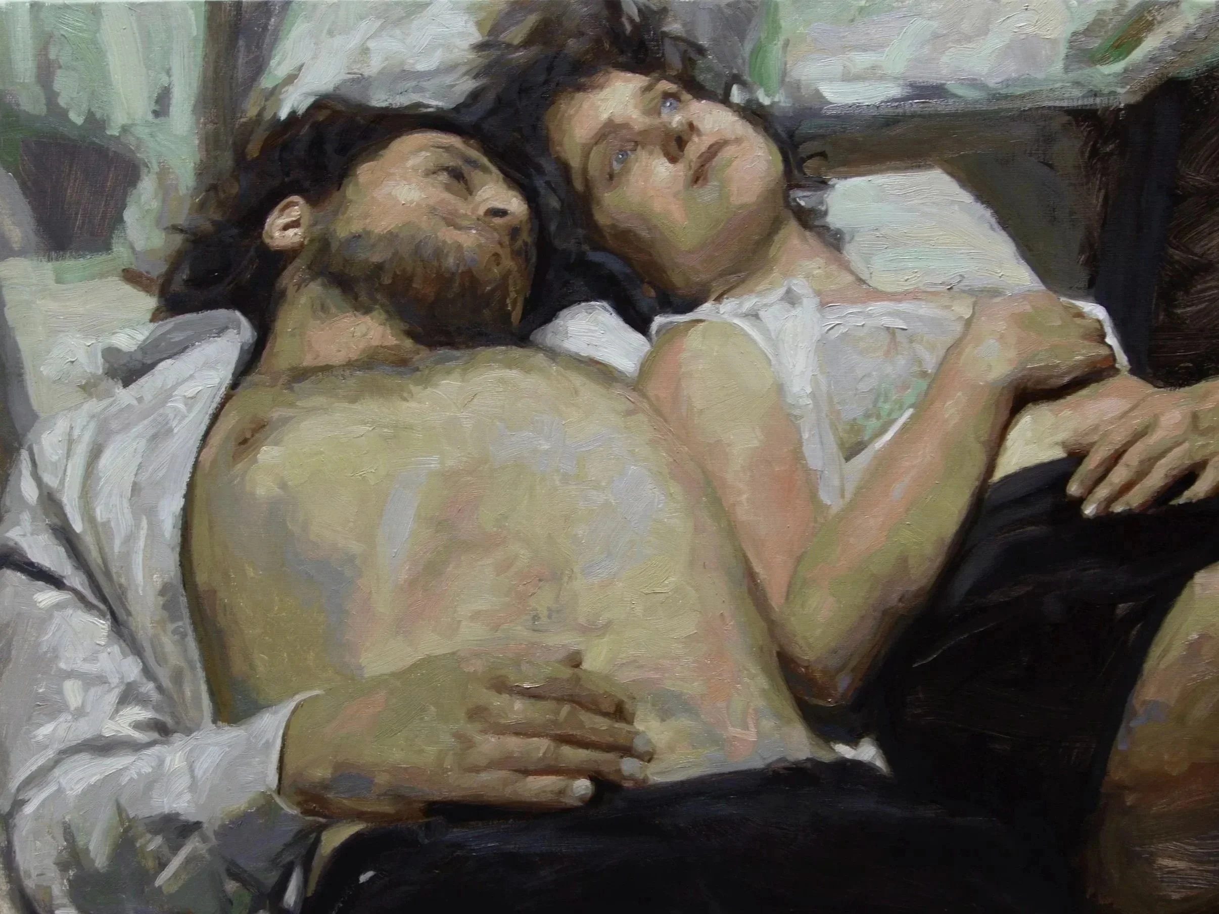 An atmospheric oil painting of a man and a woman lying in bed, titled Stormy Weather by Spanish contemporary artist Rafel Bestard, at Conde Contemporary.