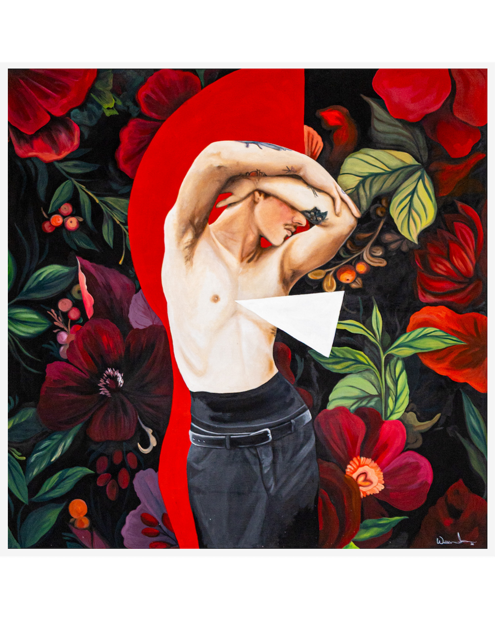 An acrylic and oil painting of a shirtless young man with bold red behind him and flowers in the background, titled Angel, by contemporary Cuban artist Wanda Fraga Sánchez de la Campa represented by Conde Contemporary.