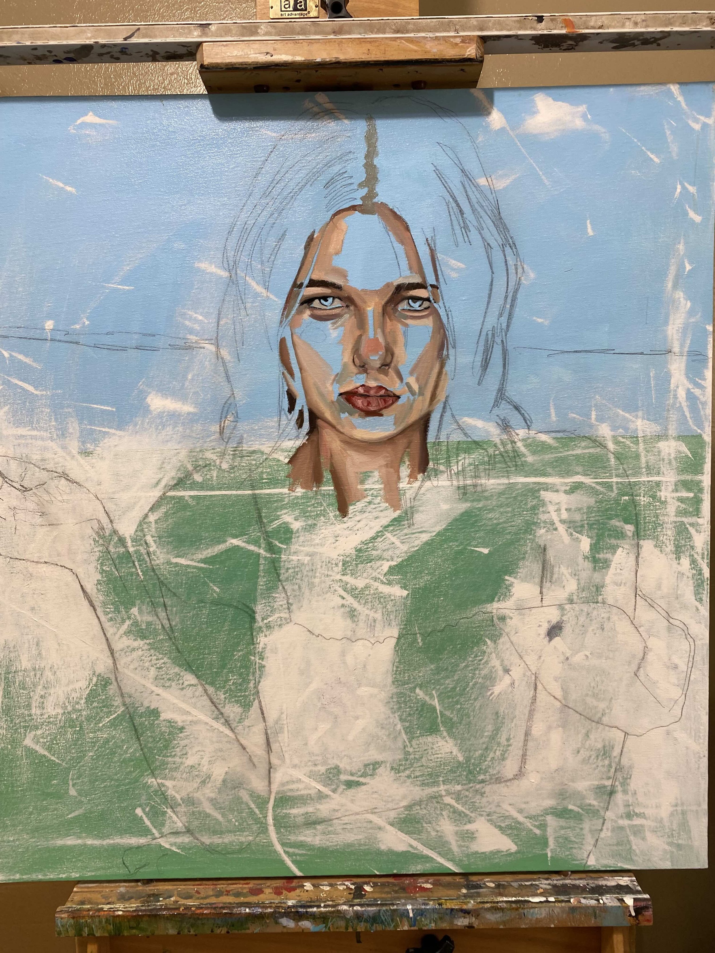 An image of the painting Chaos by Andrés Conde in process for the Surface and Subtext exhibition, the images shows the woman's image beginning to emerge from the canvas while the background is underneath, available at Conde Contemporary.