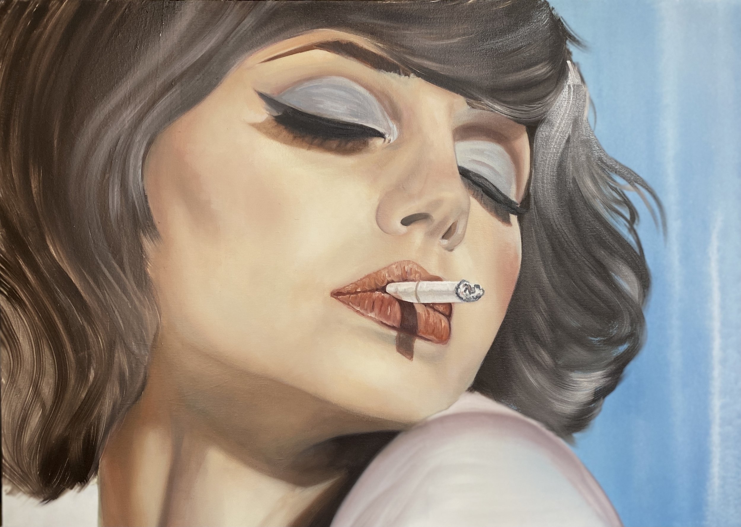 An image of an oil on canvas painting of a woman smoking a cigarette with her eyes closed, titled Vices and Other Indiscretions by contemporary Cuban American artist Andrés Conde.