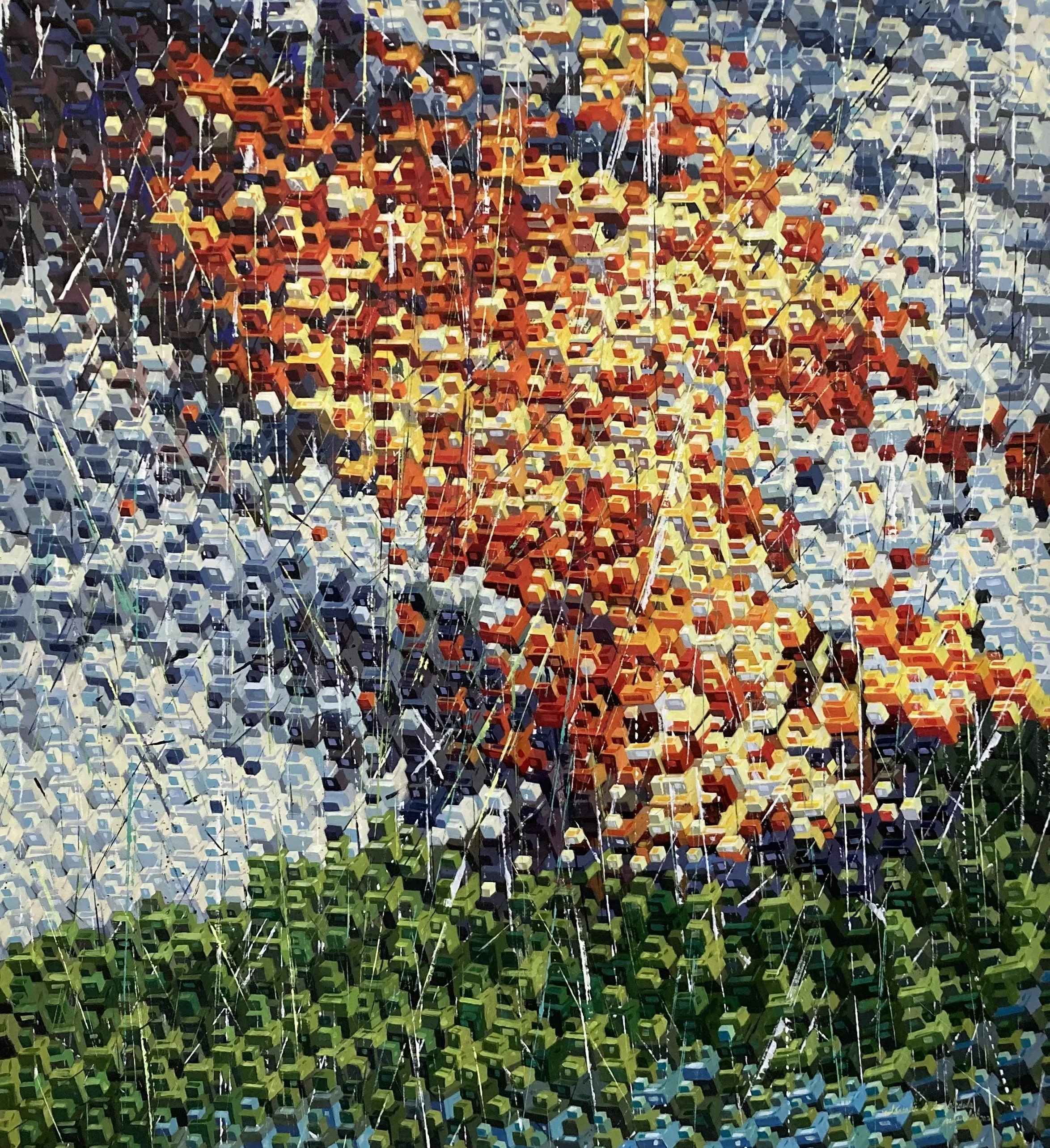 An abstract painting in red, orange, white, blue and green cubes, depicting and landscape and cityscape, titled Contemplación, by the contemporary Cuban artist Ernesto Capdevila, for Conde Contemporary.
