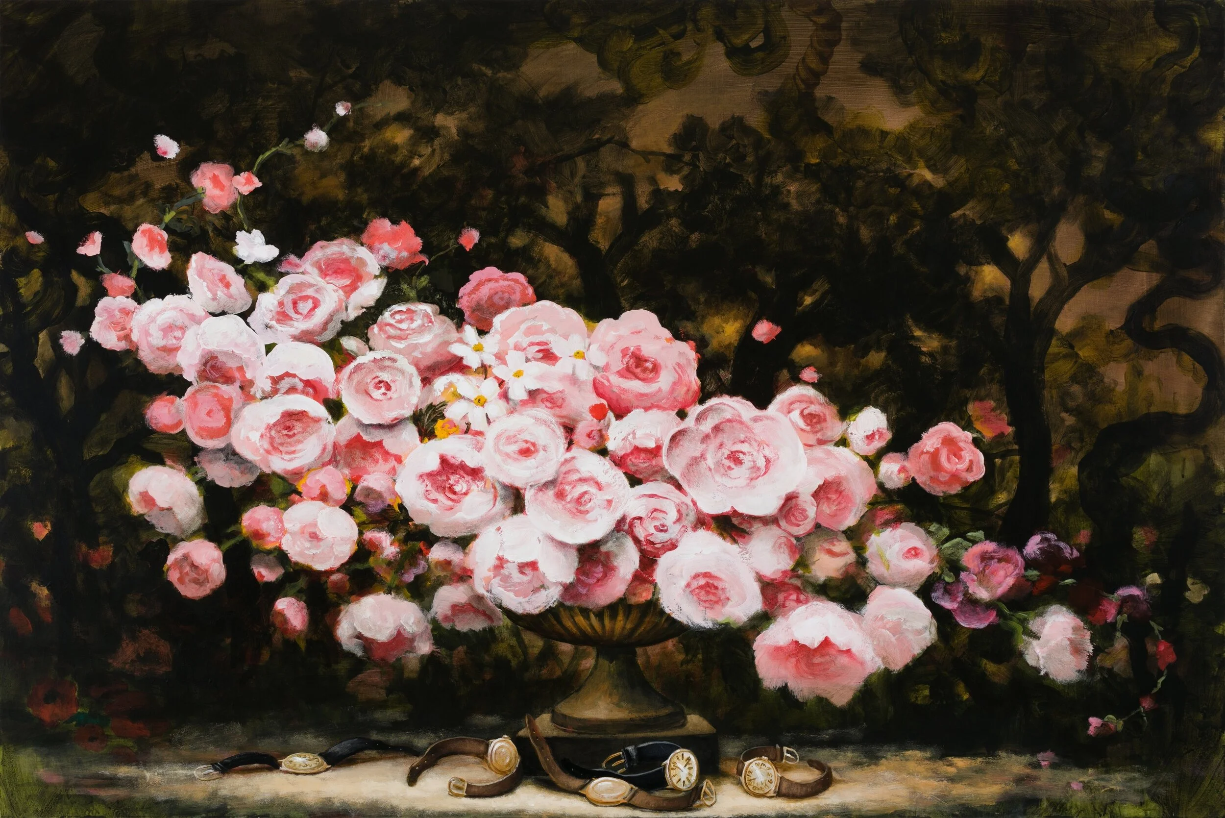 A painting titled The Petals by contemporary American artist Kevin Sloan featuring antique pink roses in a vessel with a dark landscape in the background and wrist watches on the ground, for Conde Contemporary.