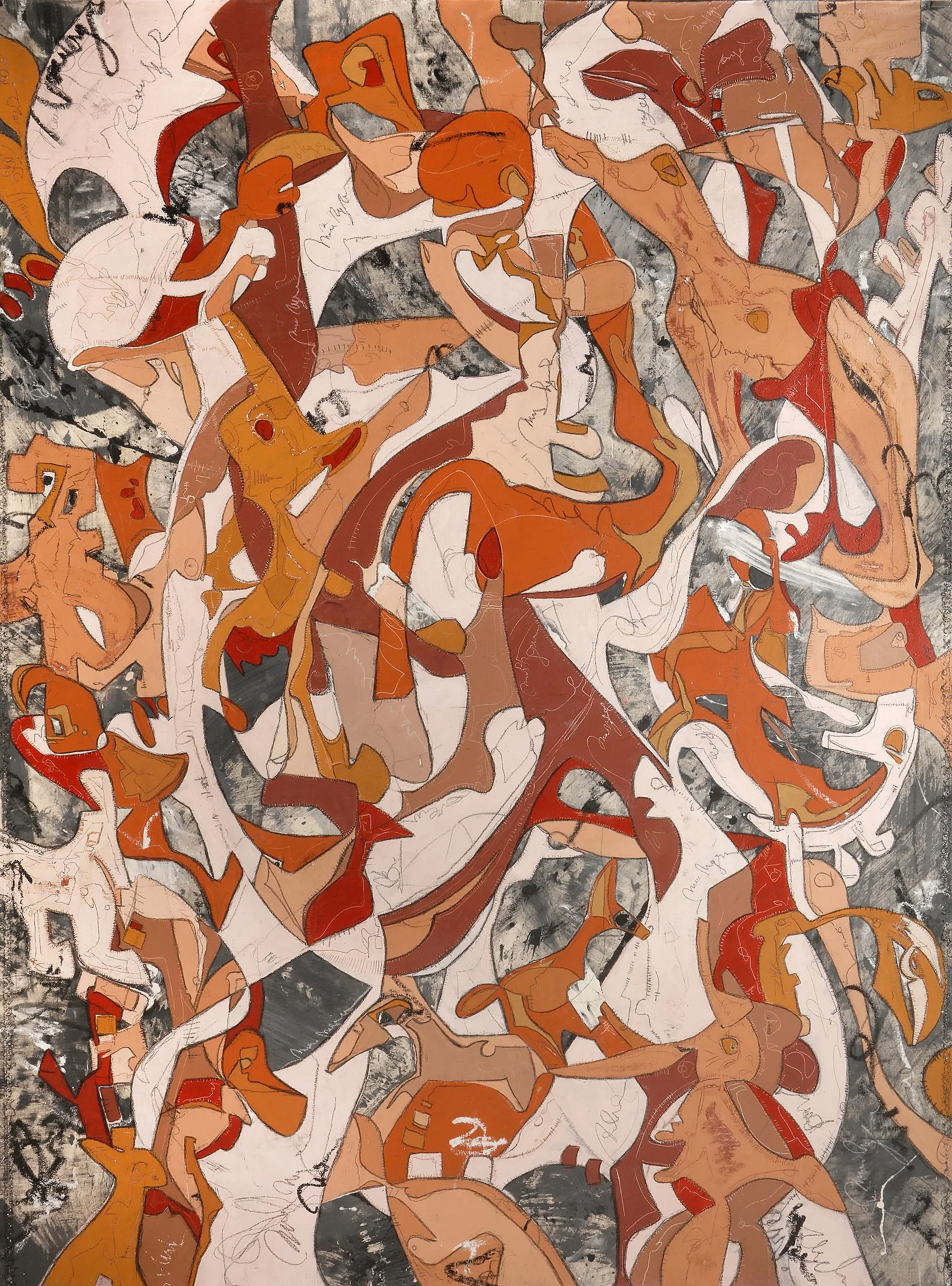 A mixed media on canvas abstract artwork in red, orange, ochre and cream with pencil and charcoal marks, titled Dreamweb 21 by contemporary Argentine artist Paula Christenson for Conde Contemporary.