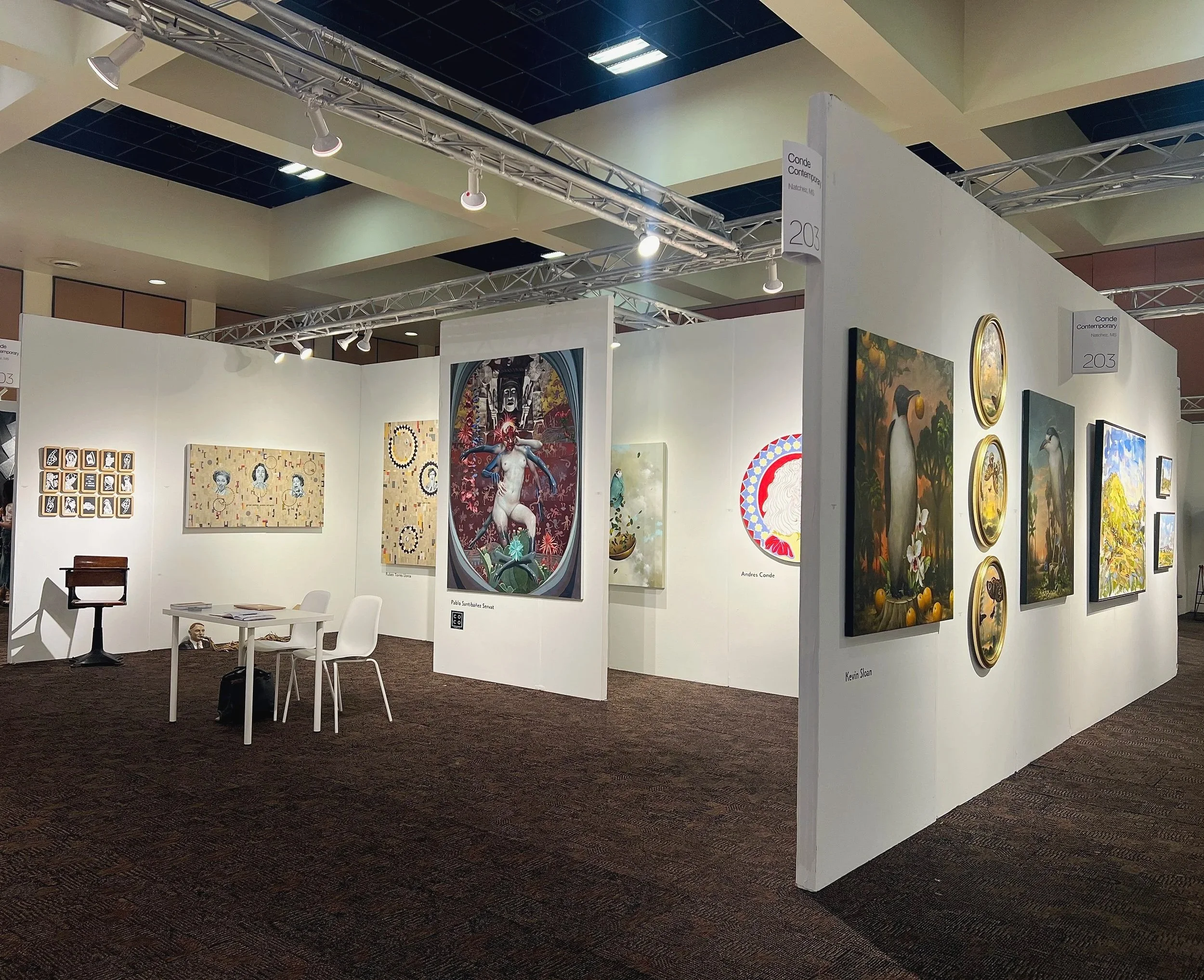Conde Contemporary art Intersect Palm Springs featuring work by Pablo Santibáñez Servat, Rubén Torres Llorca, Andrés Conde, Jeff Faust, Kevin Sloan, and others.