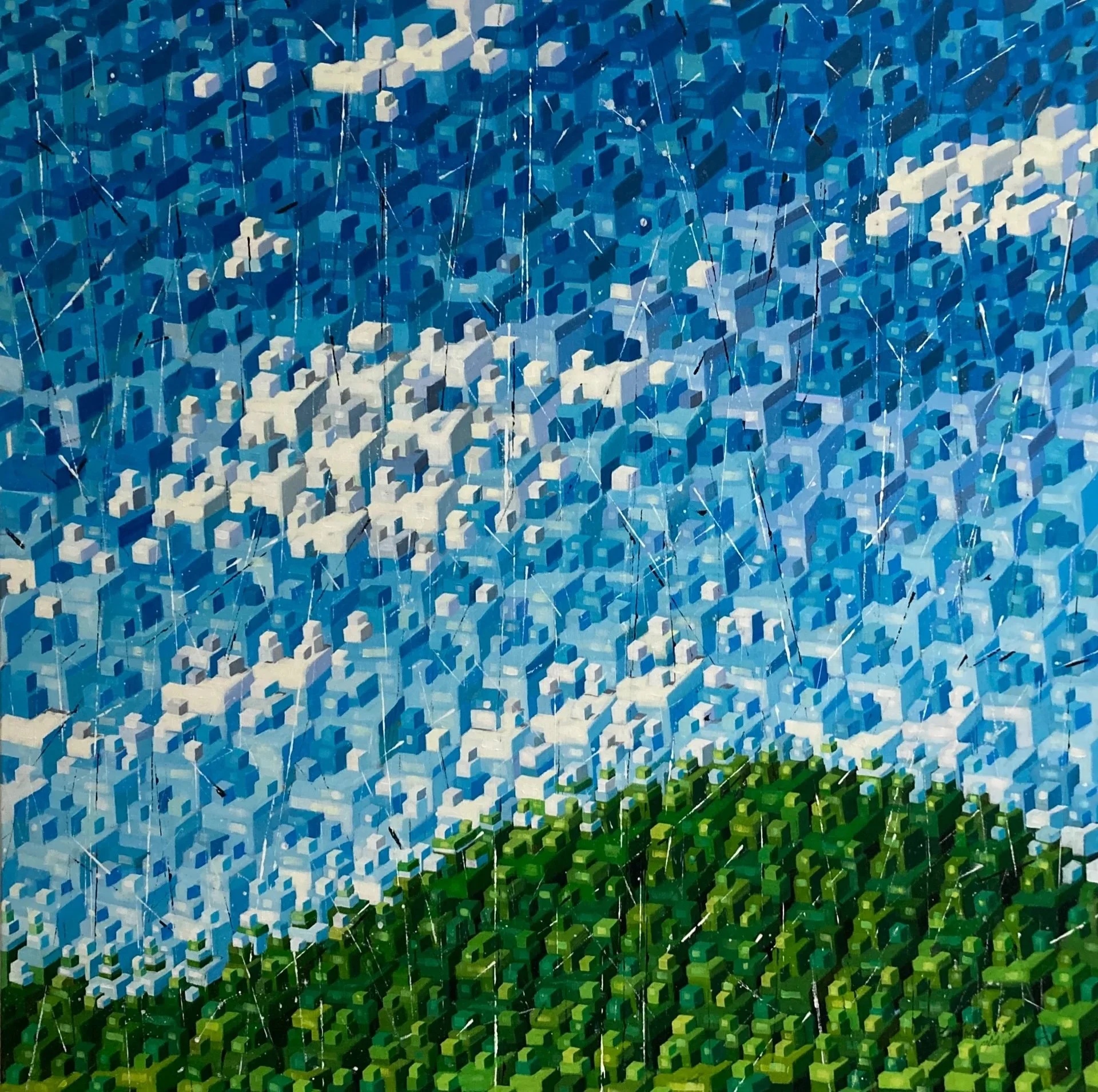 A painting of an abstracted city and landscape in cubes of white, green and blue, titled Landscape #7, by contemporary Cuban artist Ernesto Capdevila for Conde Contemporary.