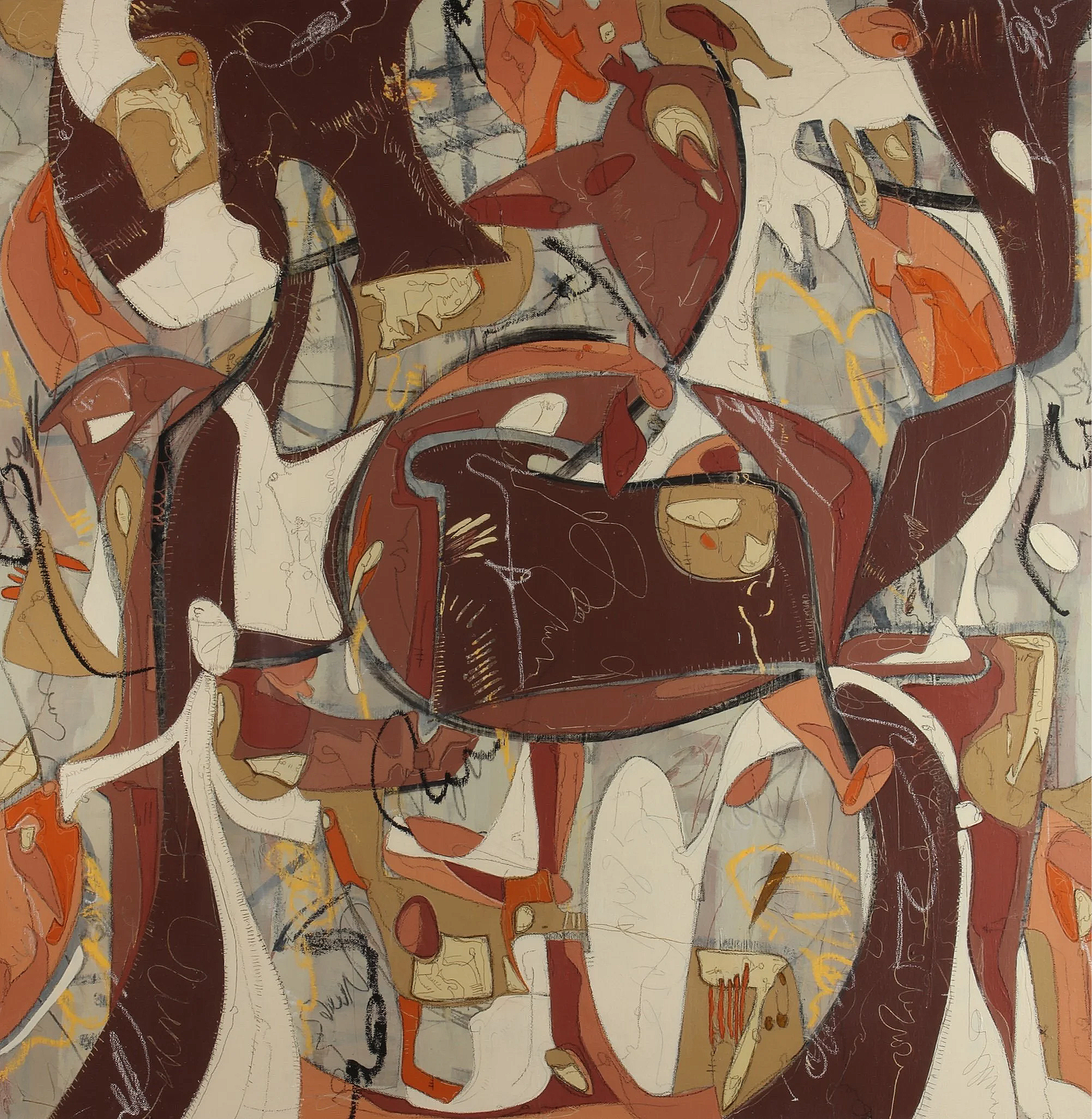 A mixed media abstract painting in brown, orange, yellow, cream and gray titled Dreamweb 25 by contemporary Argentinian artist Paula Christenson for Conde Contemporary.