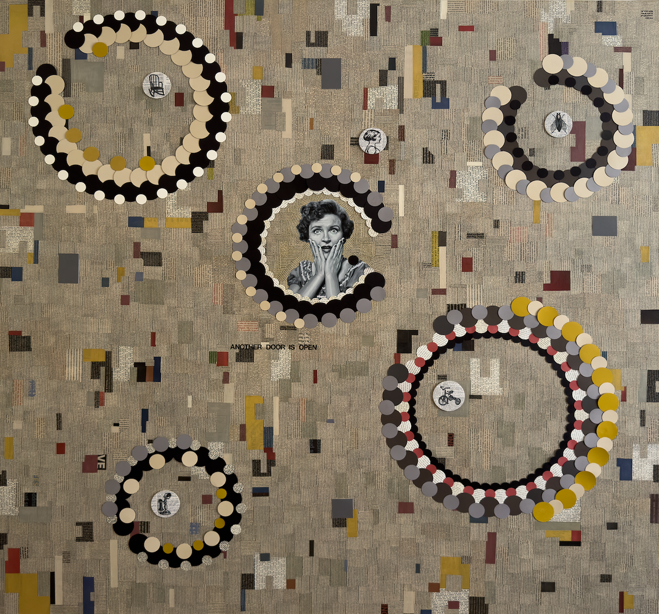 An image of a painting and collage by Cuban artist Rubén Torres Llorca featuring a painting of Betty White and the text Another Door is Open, the art is shown at Conde Contemporary