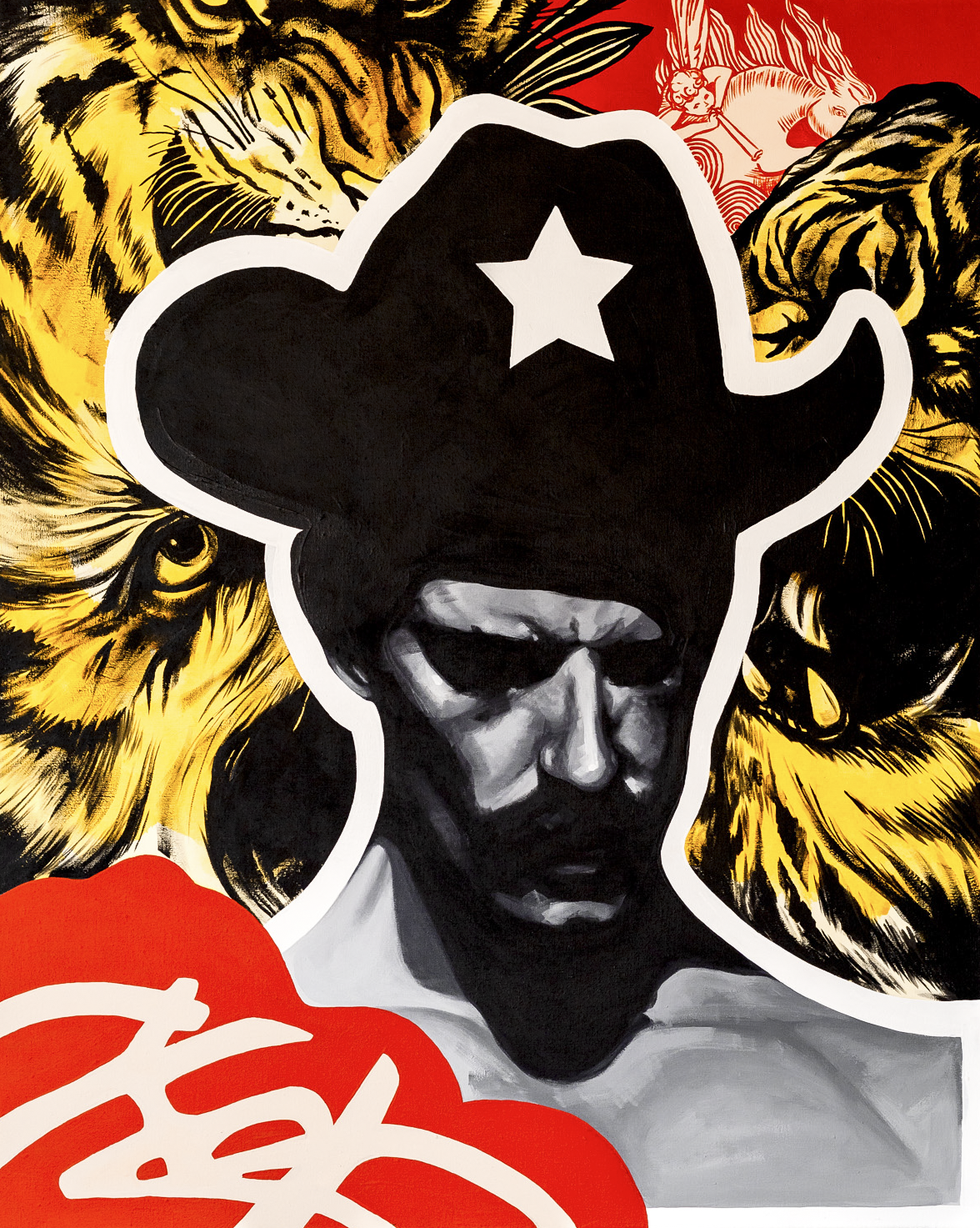 An acrylic painting of a man in a hat with a tiger in the background, titled Habanero by female contemporary Cuban artist, living in Guatemala, Wanda Fraga Sánchez de la Campa, represented by Conde Contemporary.