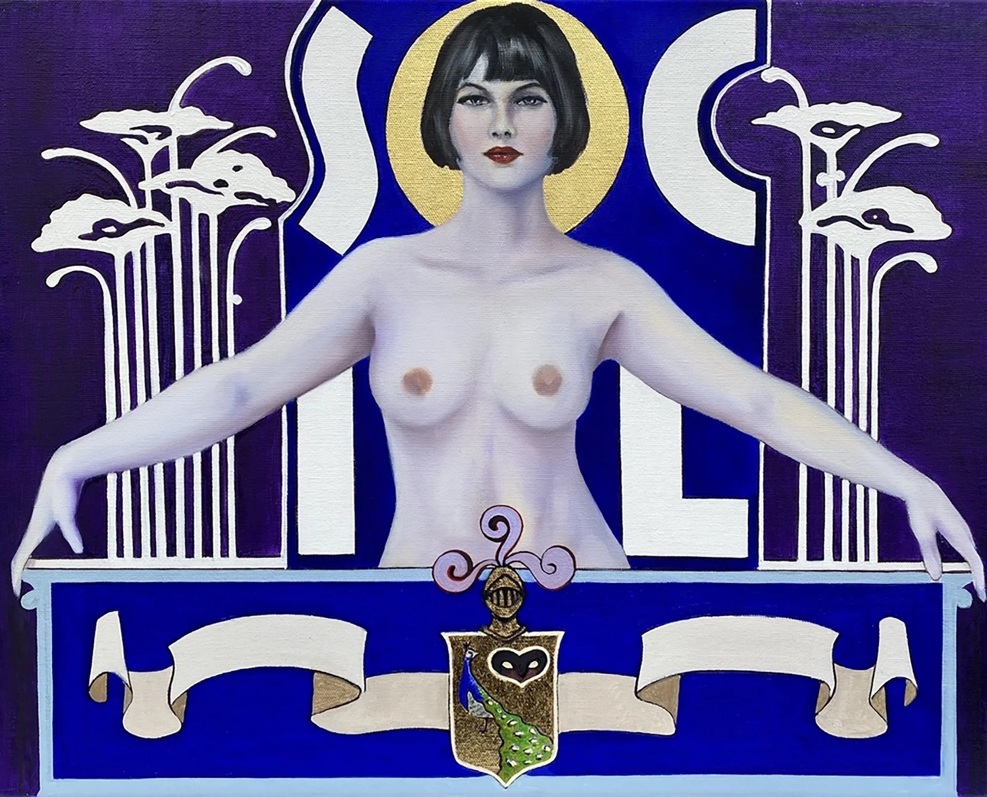 An image of a painting from the SOCIAL series titled Nude With Poppies by Cuban artist Andrés Conde for Conde Contemporary, depicting a strong and beautiful woman who is topless and has elements of graphic art around her.