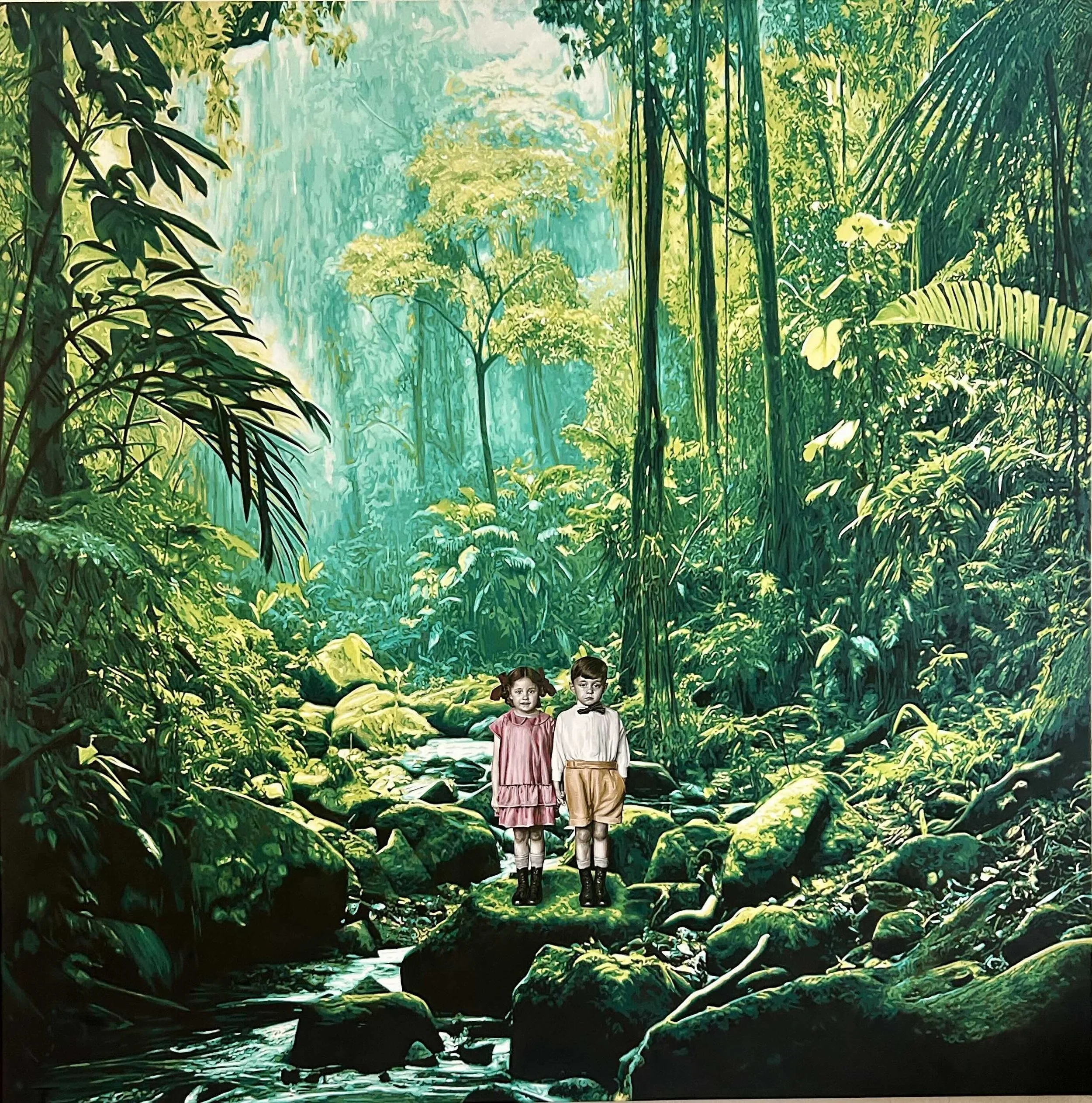 A painting titled Hansel and Gretel are Lost, featuring the storybook children in a jungle by contemporary Cuban master Rubén Torres Llorca.