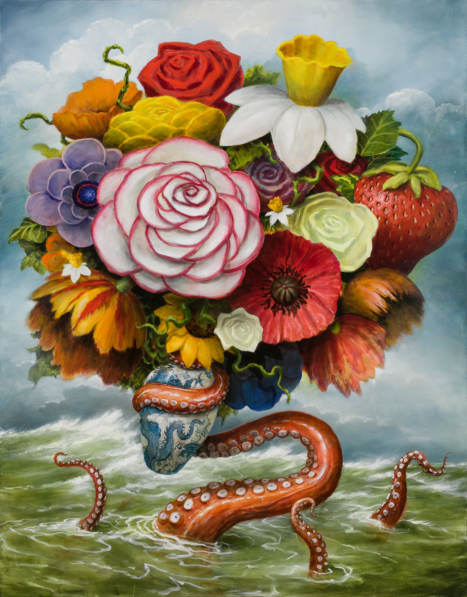 A painting in surrealism of a stormy sea with tentacles rising up and holding a ceramic vase with a bouquet of flowers and fruit, titled Spring Raised up From the Icy Depths of Winter by magical realist painter Kevin Sloan for Conde Contemporary.