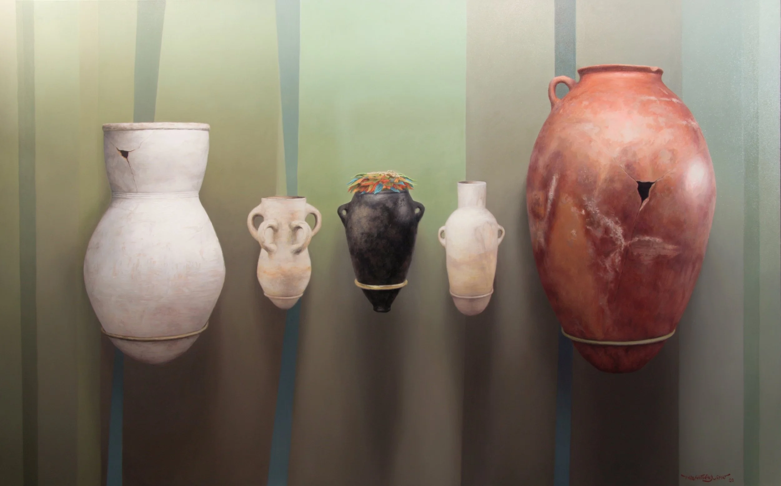 A realistic oil painting titled Black Heart, featuring five jugs from antiquity suspended on a wall by contemporary Latin American magical realist painter Pablo Santibáñez Servat for Conde Contemporary.