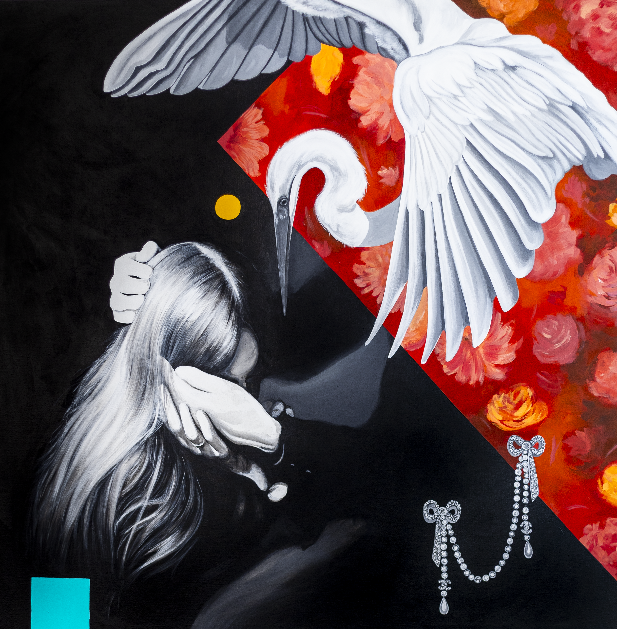 A painting titled Not My Will, But Yours Be Done, by the contemporary Cuban artist Wanda Fraga Sánchez de la Campa, featuring a woman painting being held by hands and a large bird, a crane, set in front of a colorful backdrop, for Conde Contemporary