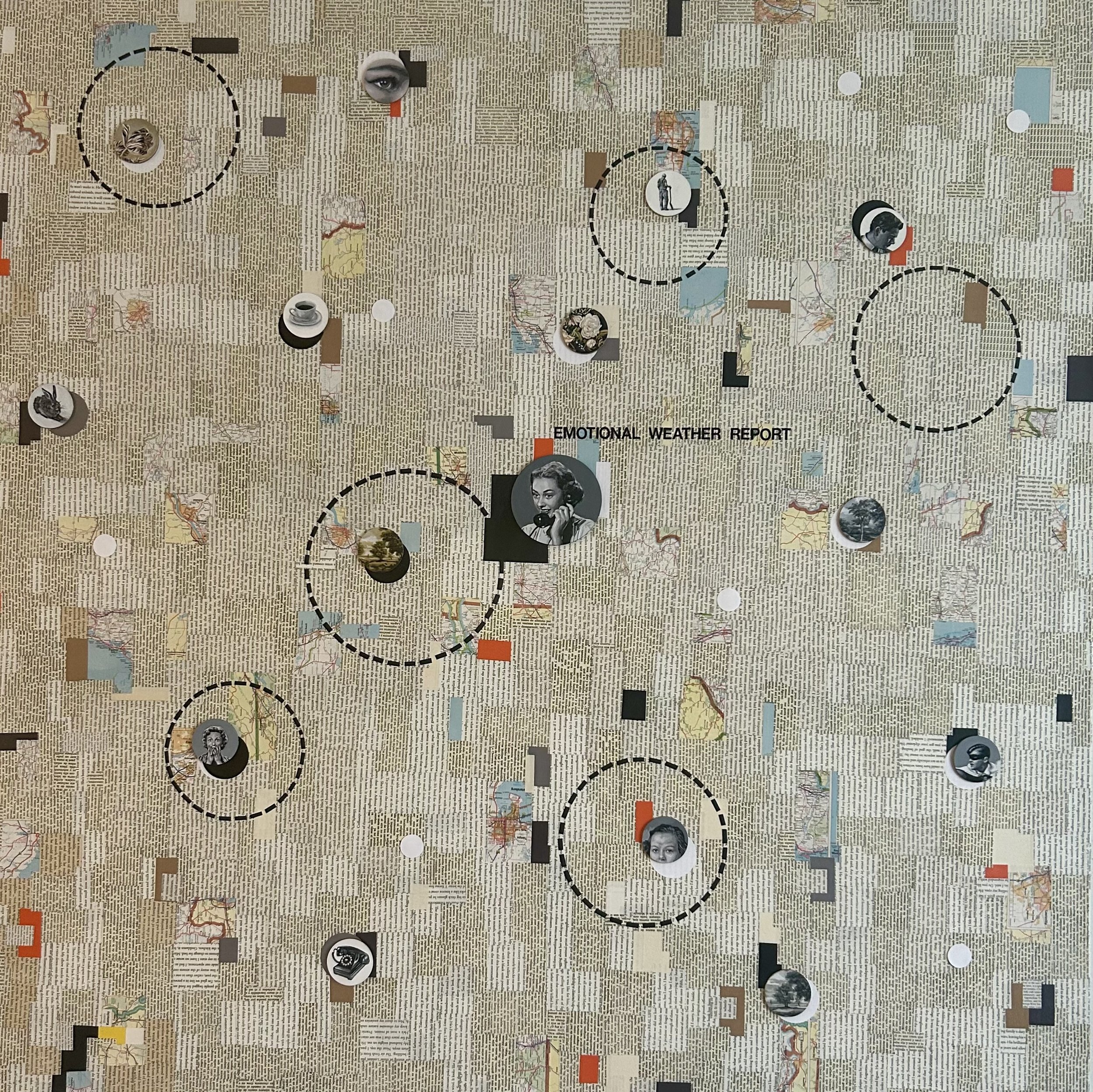 An mixed media artwork titled Emotional Weather Report, in mixed media - acrylic and collage featuring women on the phone and newsprint by Cuban conceptual master Rubén Torres Llorca at Conde Contemporary.