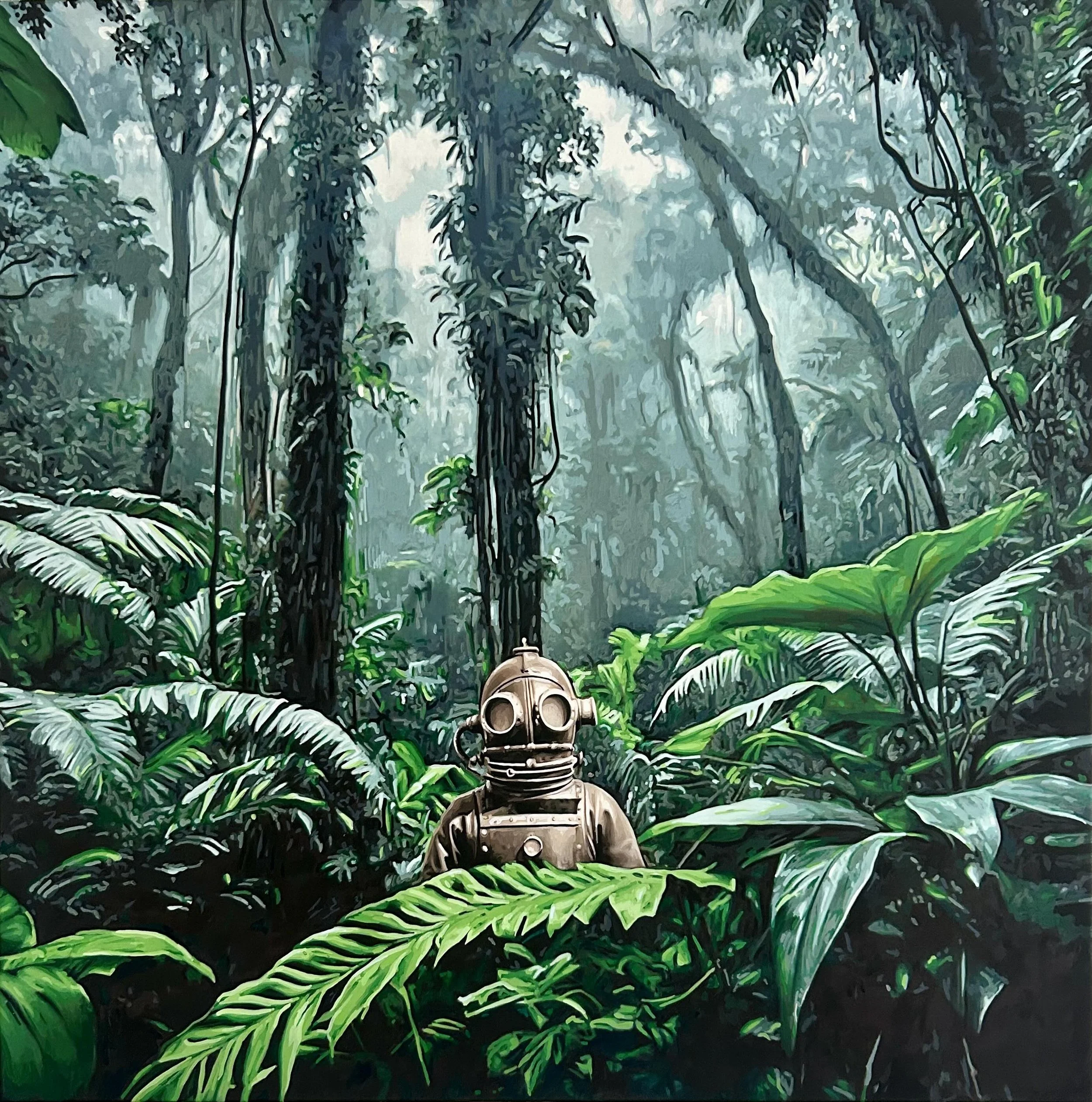 An image of an acrylic on canvas painting of a robot in a tropical jungle, titled Vereda Tropical by Cuban conceptual artist Rubén Torres Llorca, at Conde Contemporary..