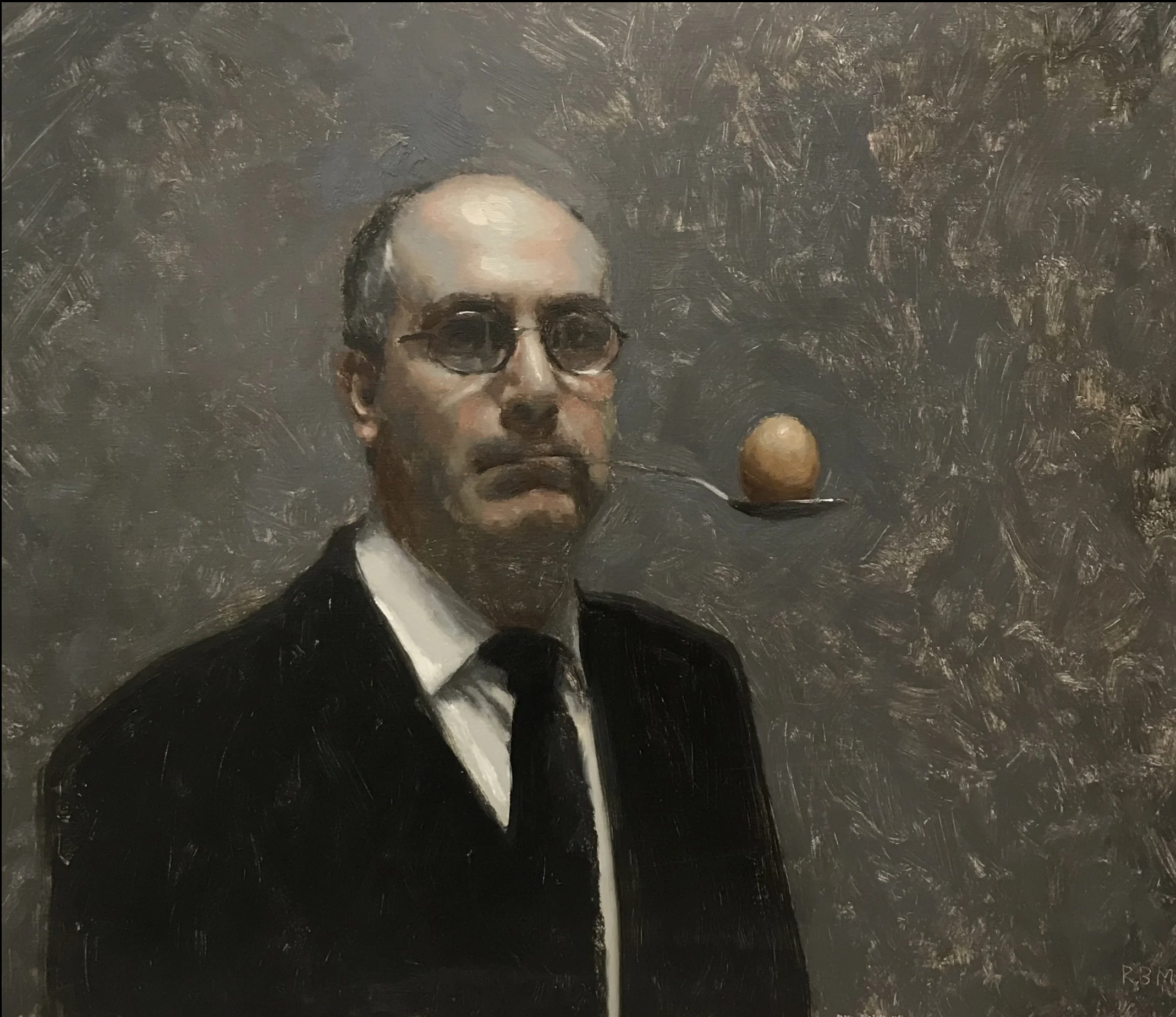 An oil painting of a bald man in a suit, with glasses, holding a spoon in his mouth on which an egg is balanced, titled He's Got Talent, by Rafel Bestard, for Conde Contemporary.