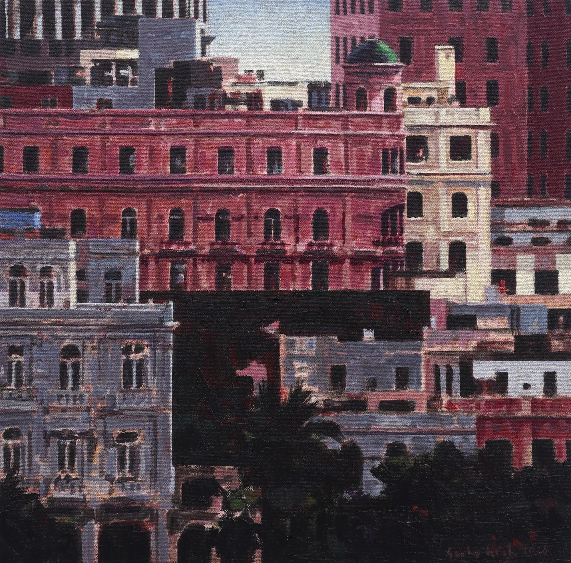 A small acrylic on canvas painting titled Intimate Portrait VI by Cuban master painter Gustavo Acosta, featuring a cityscape with a palm tree, for Conde Contemporary.
