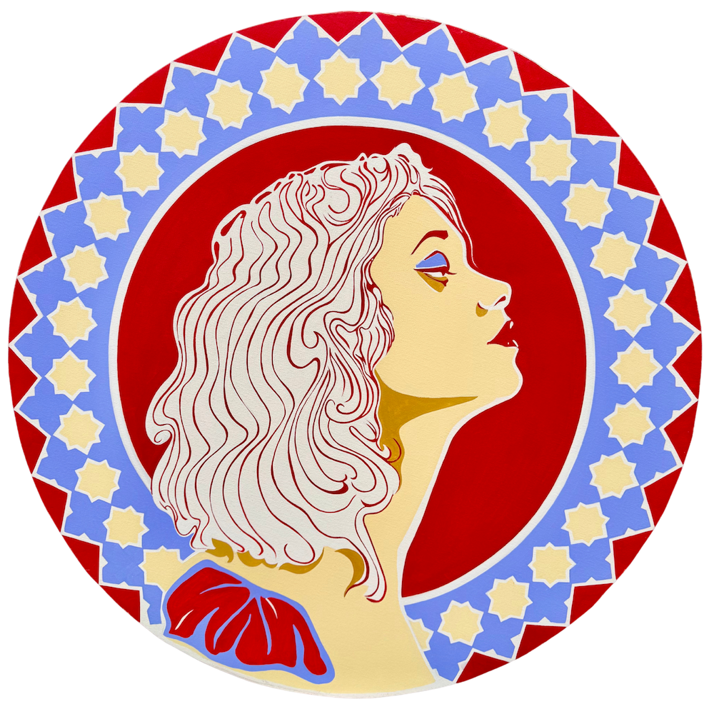 A photo of a circular painting in oil on canvas of an art nouveau woman painted in a graphic style by contemporary Cuban American artist Andrés Conde, titled Mujer Gráfica 1.
