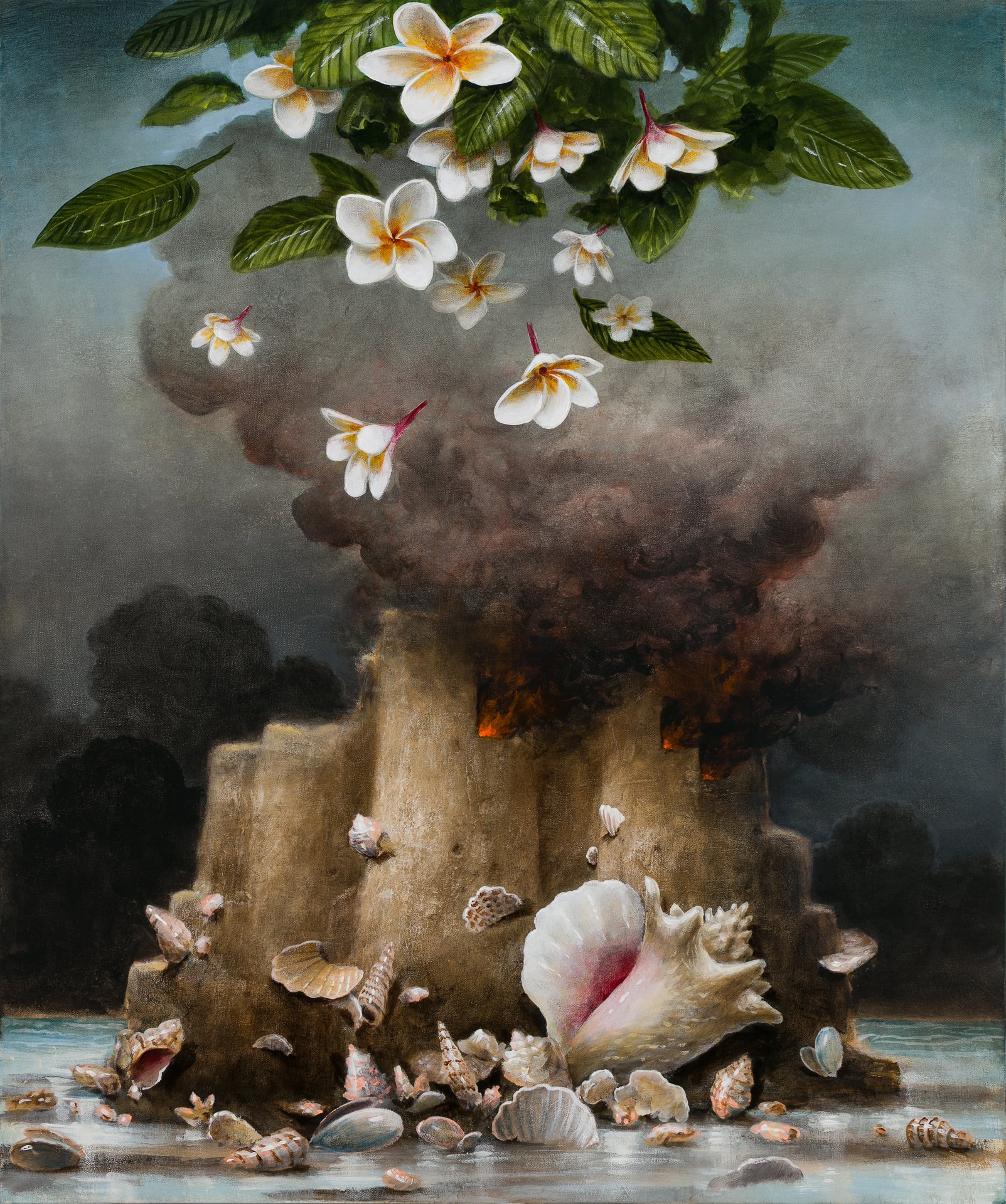 A painting titled House Fire With Blessing by contemporary surrealist artist Kevin Sloan, featuring a sandcastle on fire against a dark landscape surrounded by beautiful shells and falling plumeria, for Conde Contmeporary.